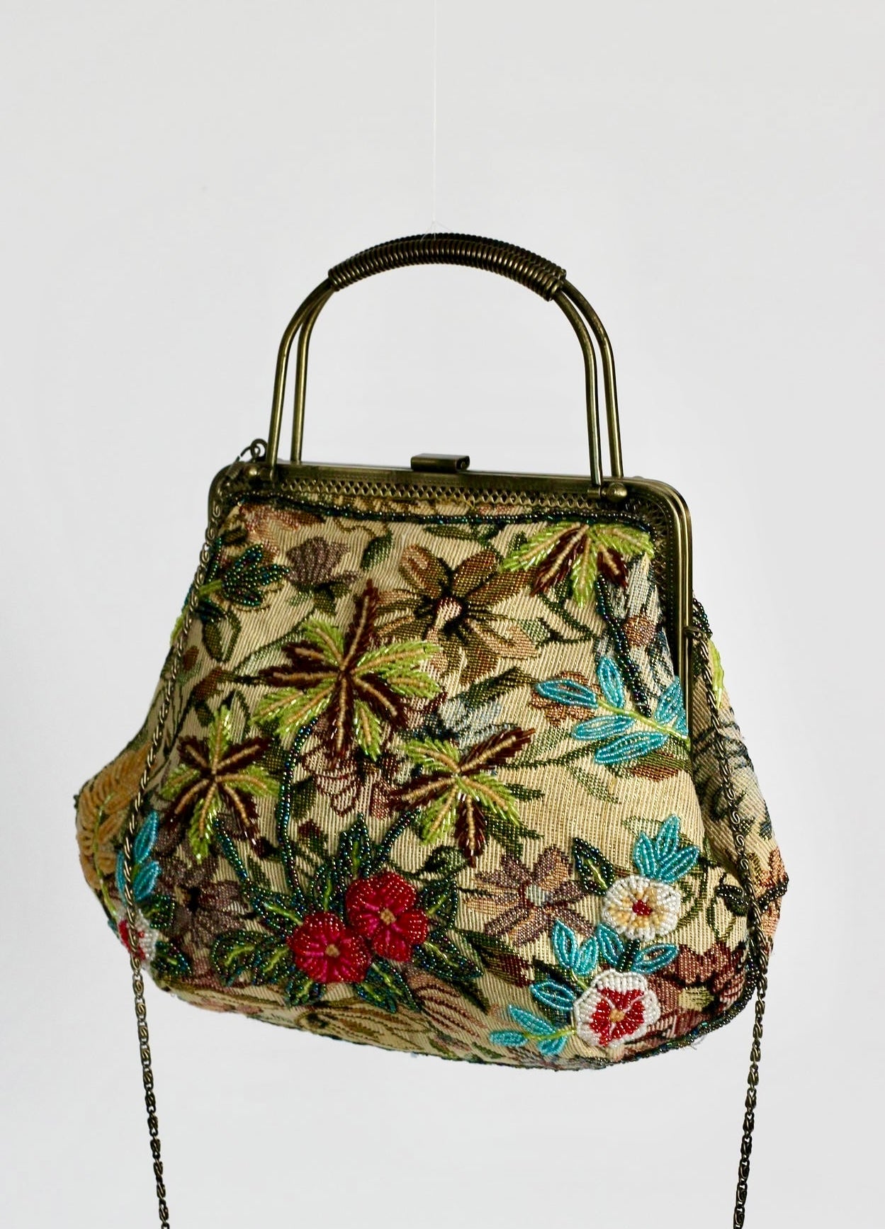 1960s Fabric Beaded Handle- and Shoulder Bag//Metal Strap