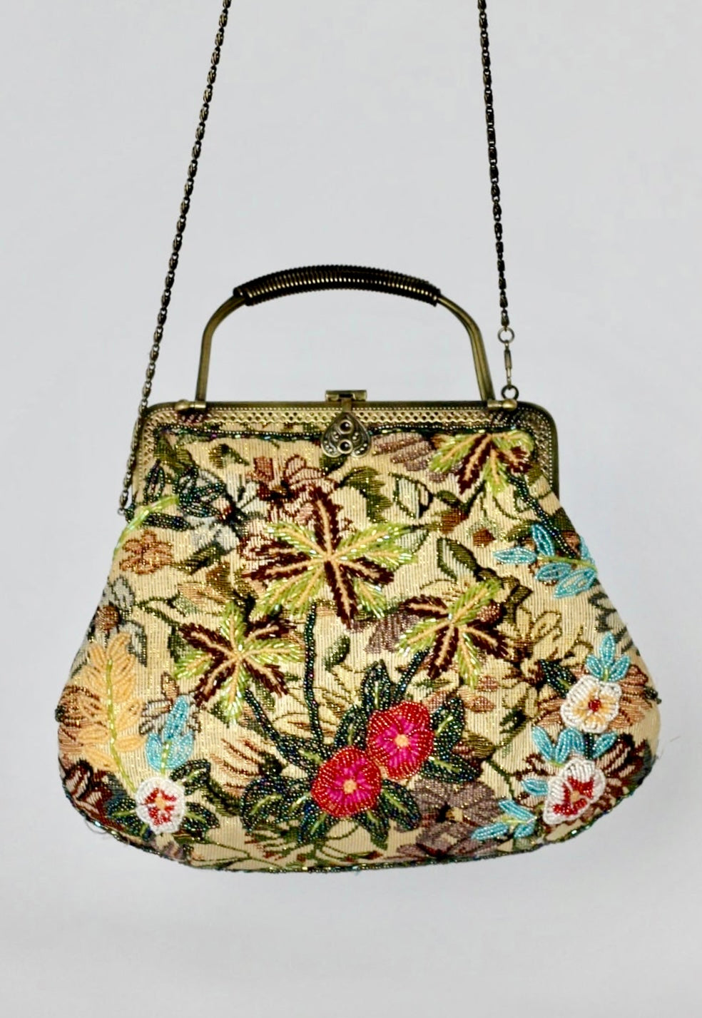 1960s Fabric Beaded Handle- and Shoulder Bag//Metal Strap