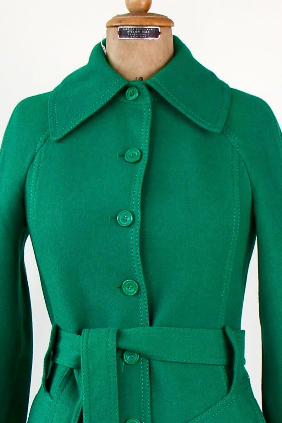 1970s Vintage Designer Green Wool Mod/Trench Coat // Size M
