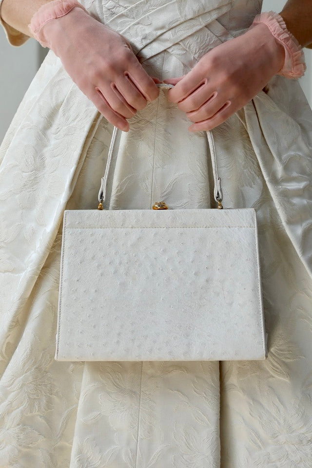 1960s Vintage White Ostrich Leather Top Handle Bag/Purse