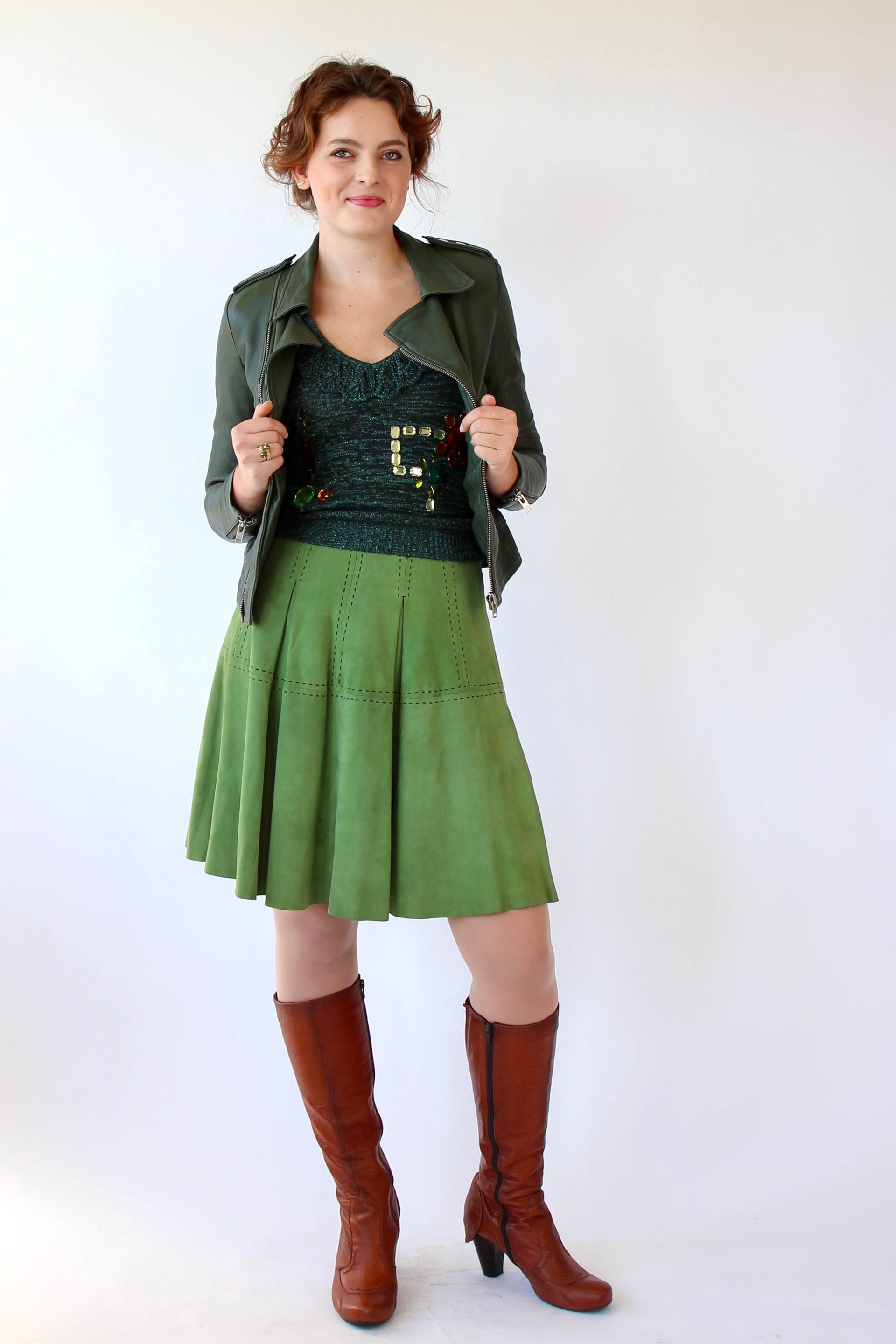 Vintage Green Suede Skirt with Black Stitches // Size XS/S