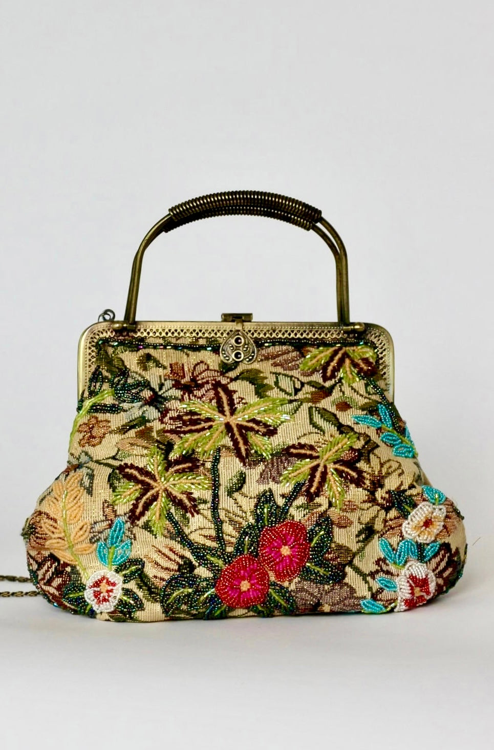 1960s Fabric Beaded Handle- and Shoulder Bag//Metal Strap