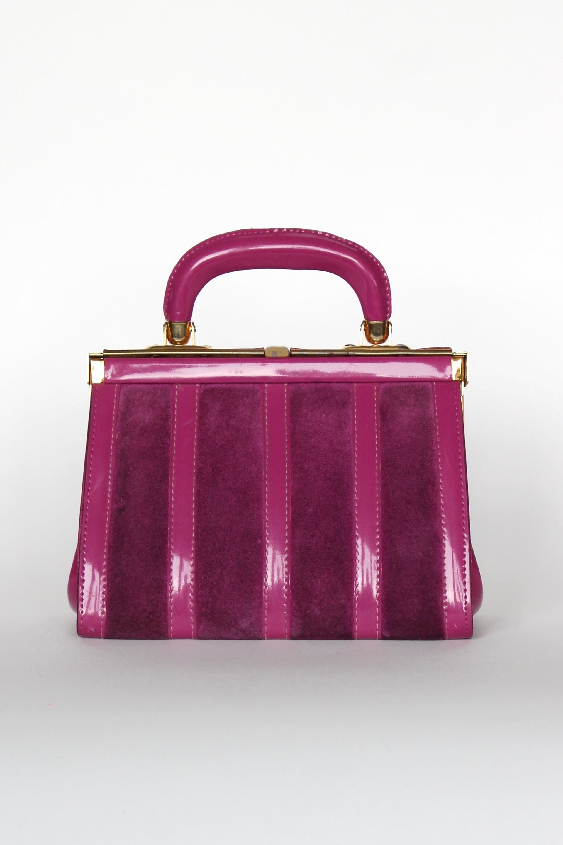 1960s Vintage Purple Sued and Vinyl Top Handle Bag/Purse with Golden Closure.
