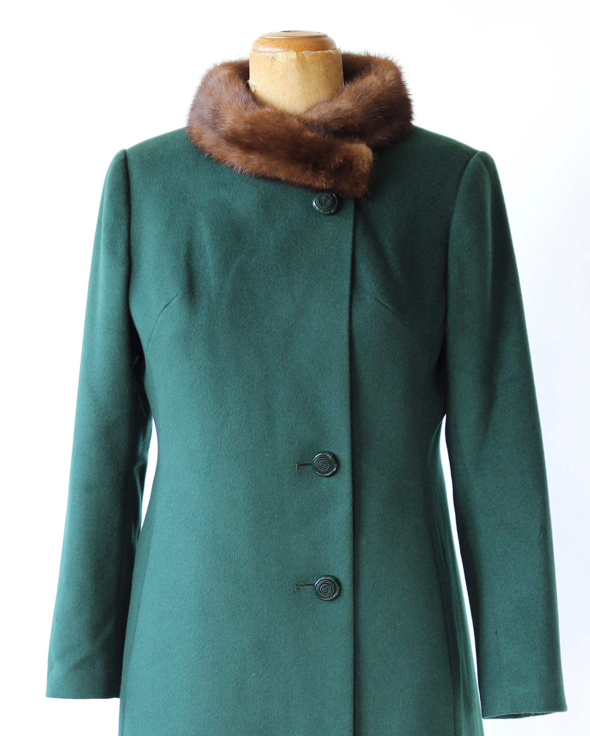 1960s Vintage Green Emerald Wool Coat with Brown Collar // Size M