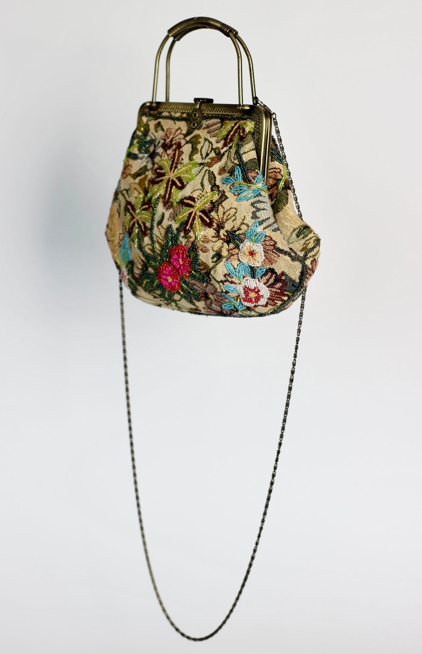 1960s Fabric Beaded Handle- and Shoulder Bag//Metal Strap