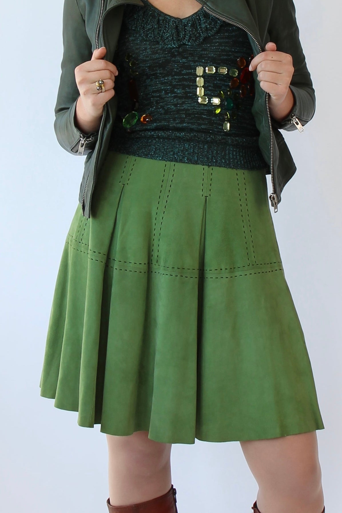 Vintage Green Suede Skirt with Black Stitches // Size XS/S