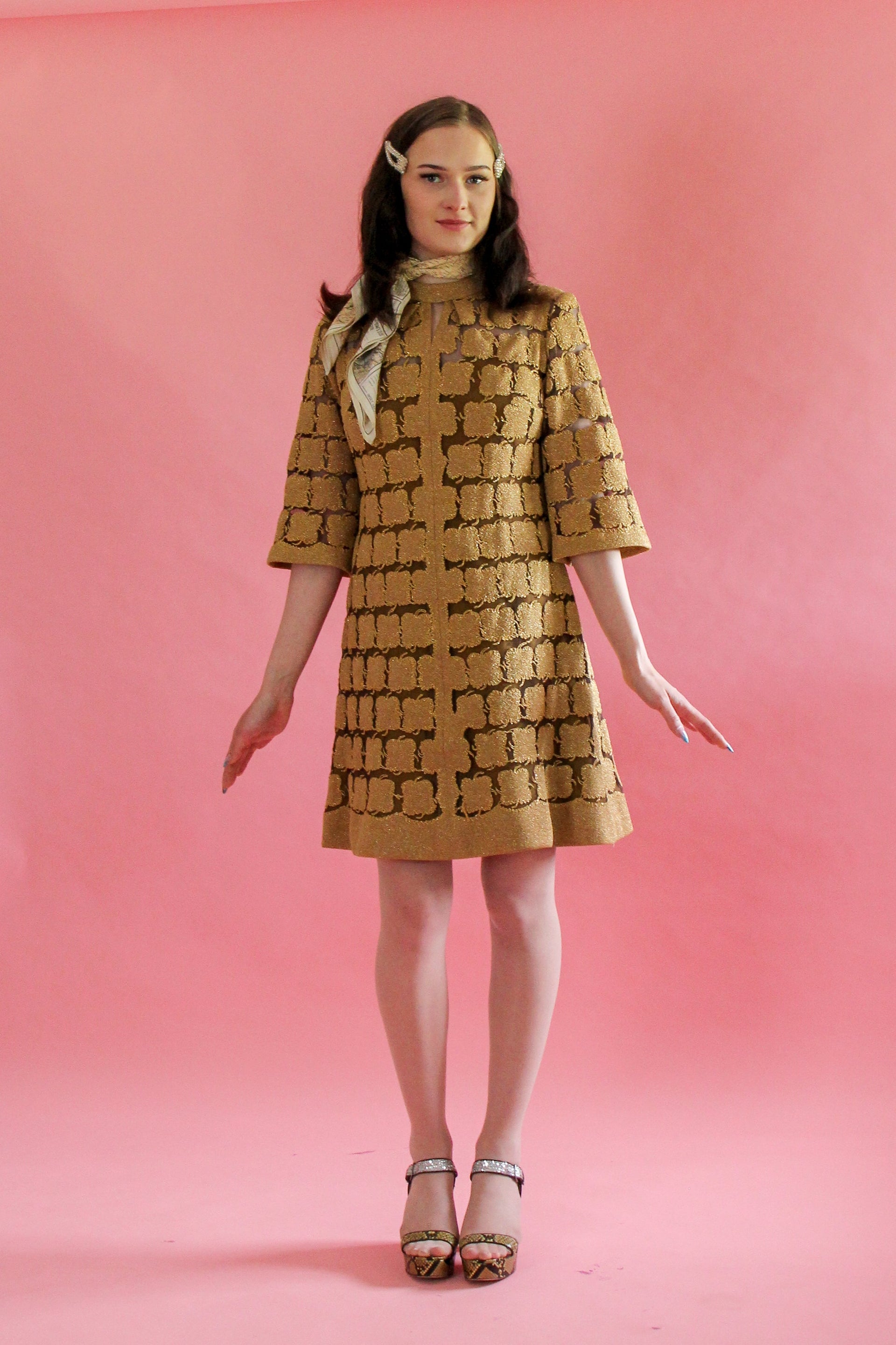 1960s Vintage Gold Mod Dress//Size M