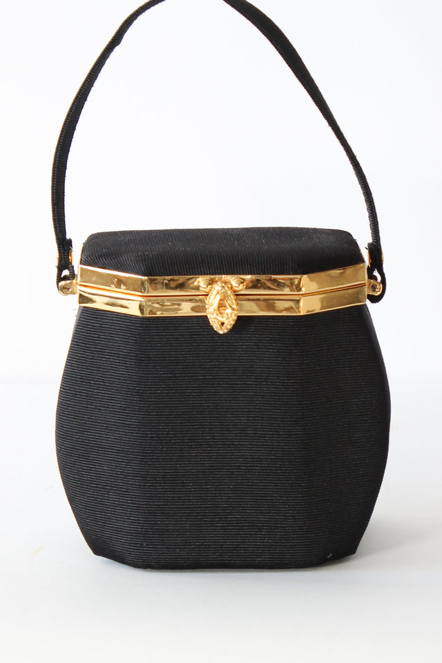 1960s Vintage Black Fabric Mini Box Top Handle Bag/Purse