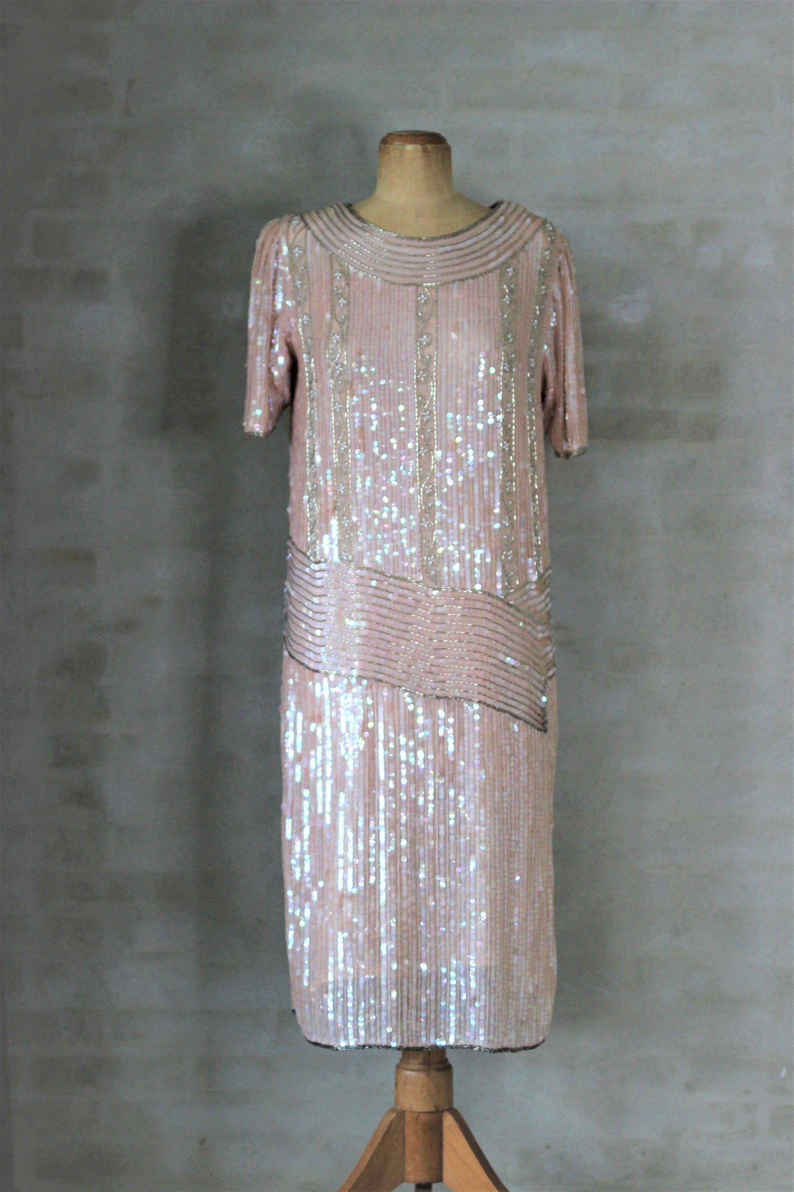 Vintage Beaded Sequin Silk Dress// Size M