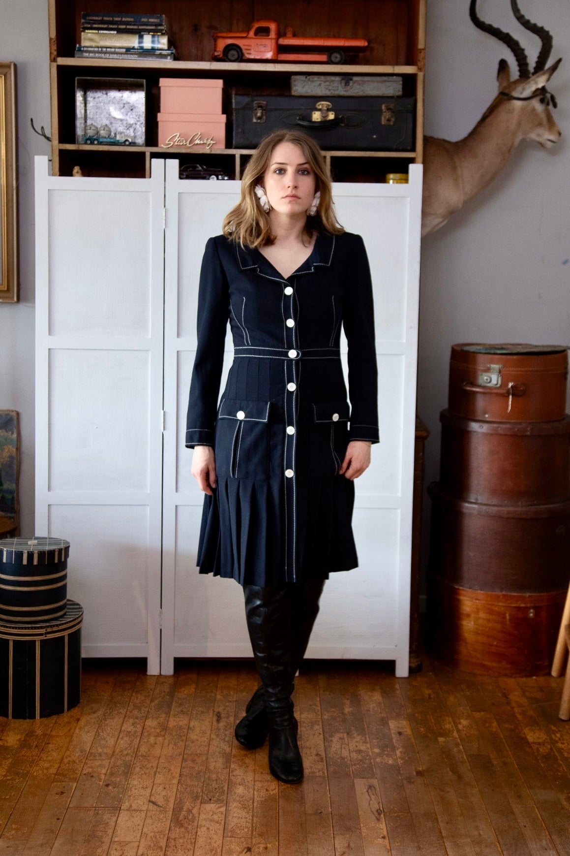1980s Vintage Navy Blue Wool Shirt Dress // Italien Design // Size M