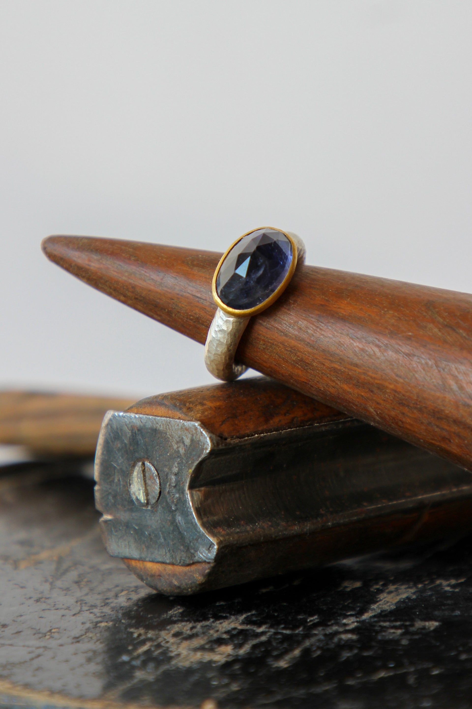 Handmade Iolite Cup Ring // Poppy Dandiya Ring // Hammered Sterling Silver // 24K Filled Gold // Size 55