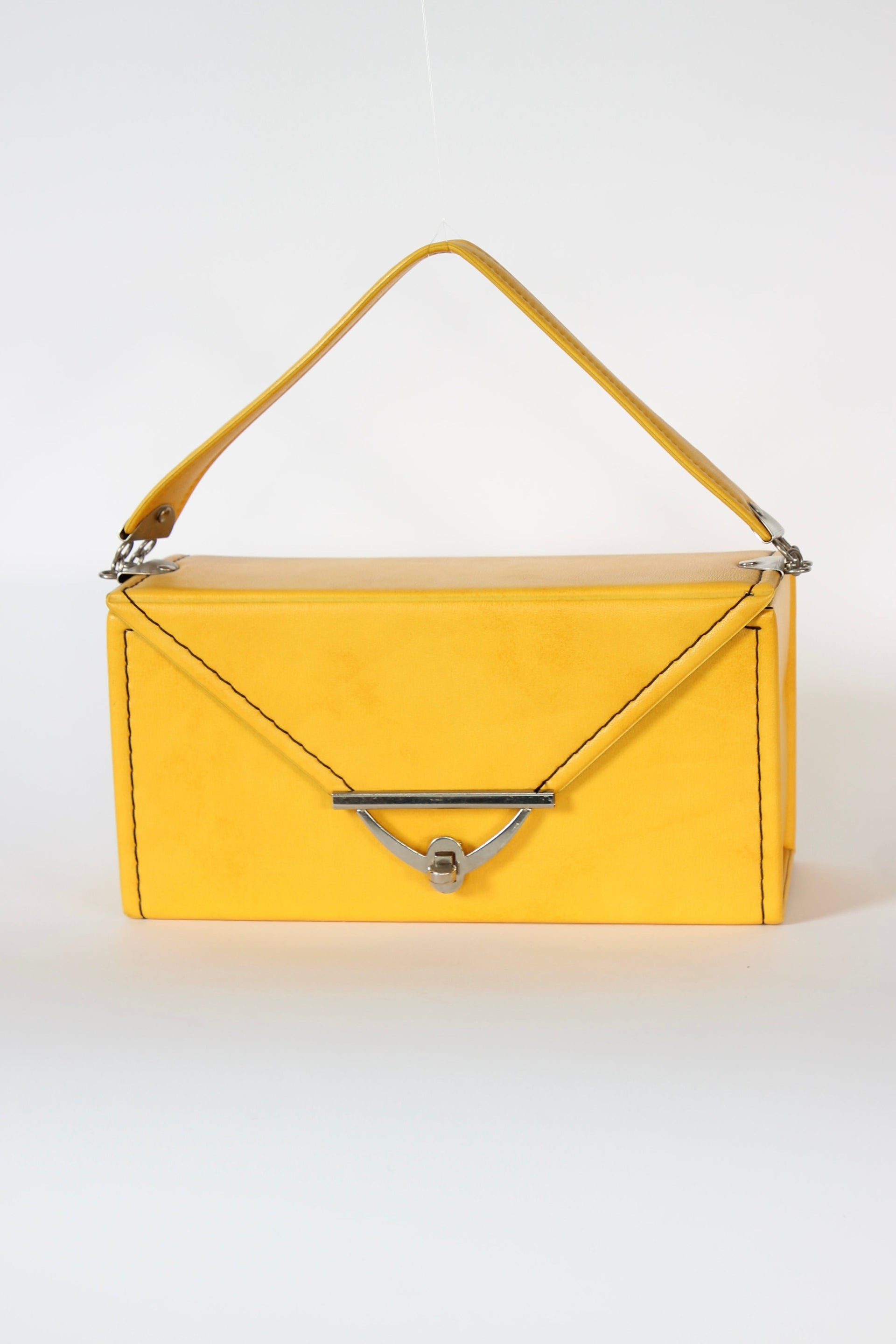 1960s Vintage Yellow Vinyl Top Handle Box Bag with Silver Closure