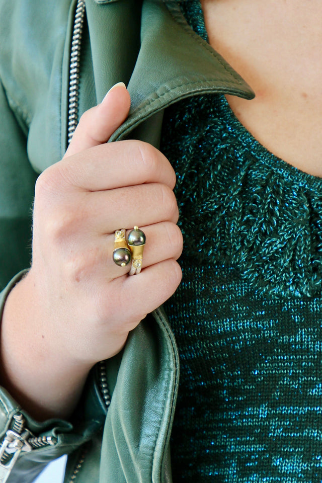 T1090 Handmade Tahitian Black Pearls and Diamonds / Crossover Ring / Poppy Dandiya / Hammered Sterling Silver / 24K Filled Gold / Matte Silver