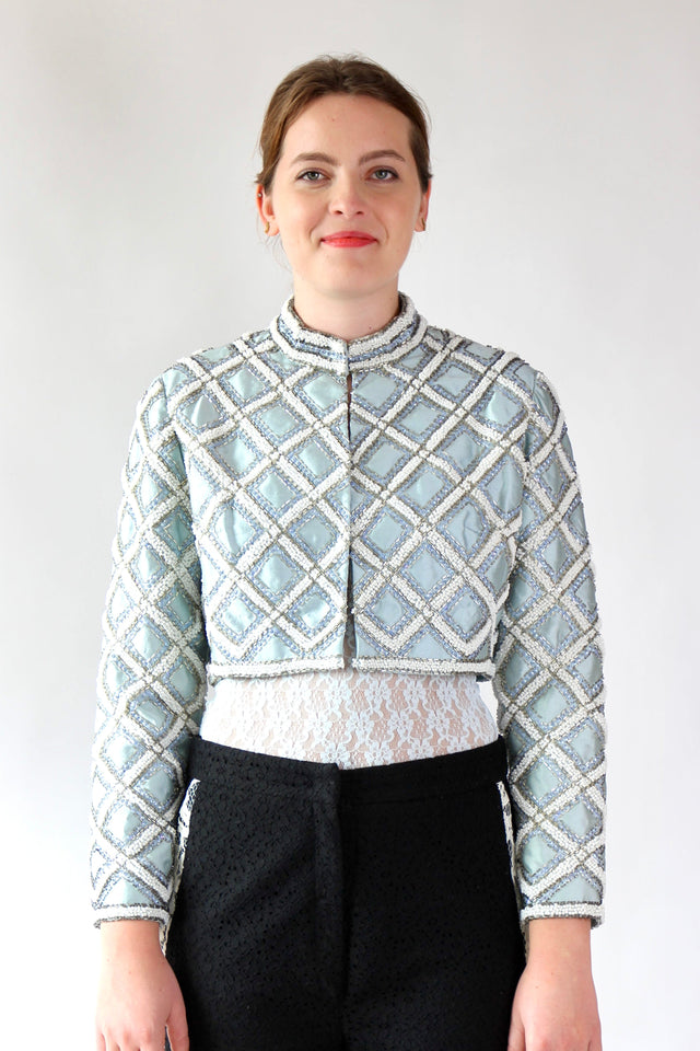 1950s 1960s Vintage Ice Blue Beaded Cropped Jacket/Bolero // Size S/M