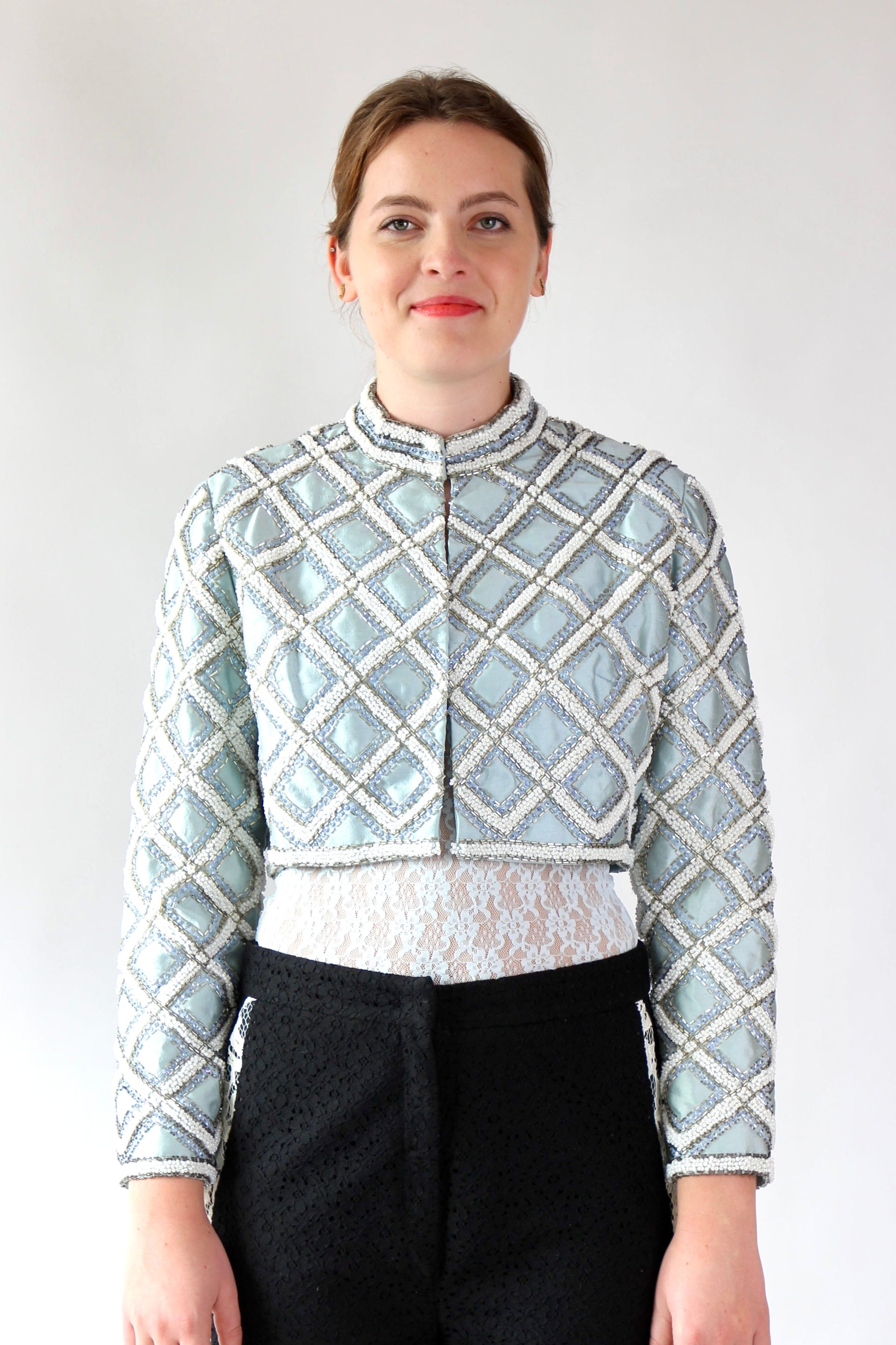 1950s 1960s Vintage Ice Blue Beaded Cropped Jacket/Bolero // Size S/M