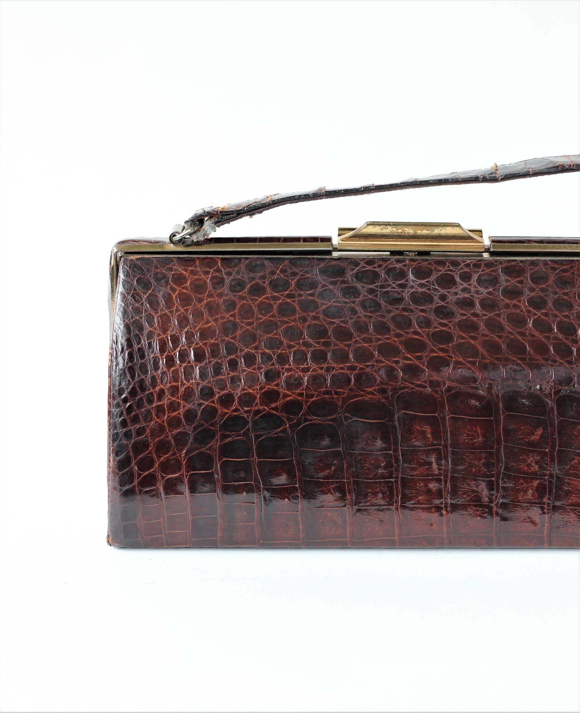 1950s Crocodile Leather Top Handle Bag with Golden Closure