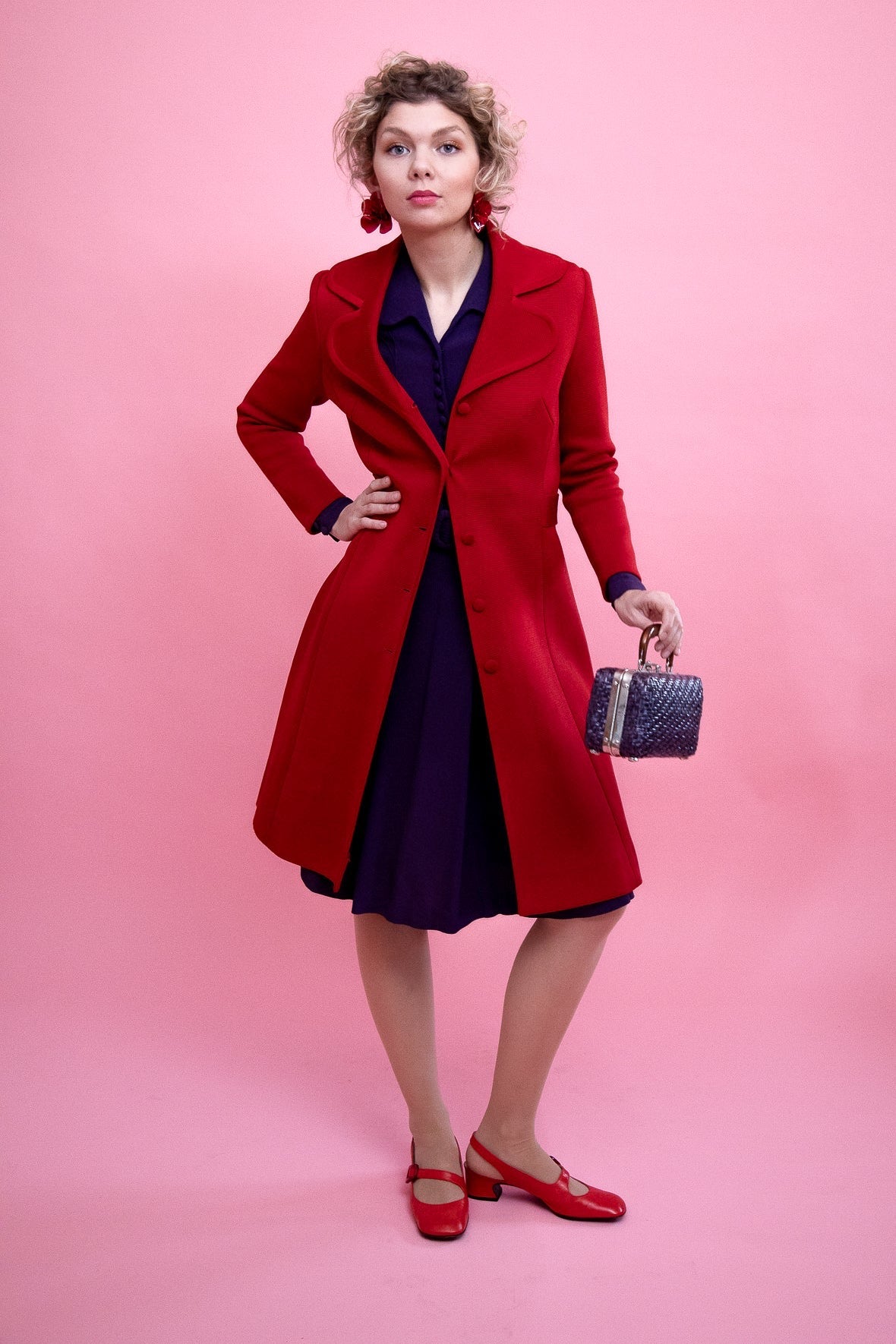 1960s 1970s Red Knit Wool Mod/Trench Coat // Size M