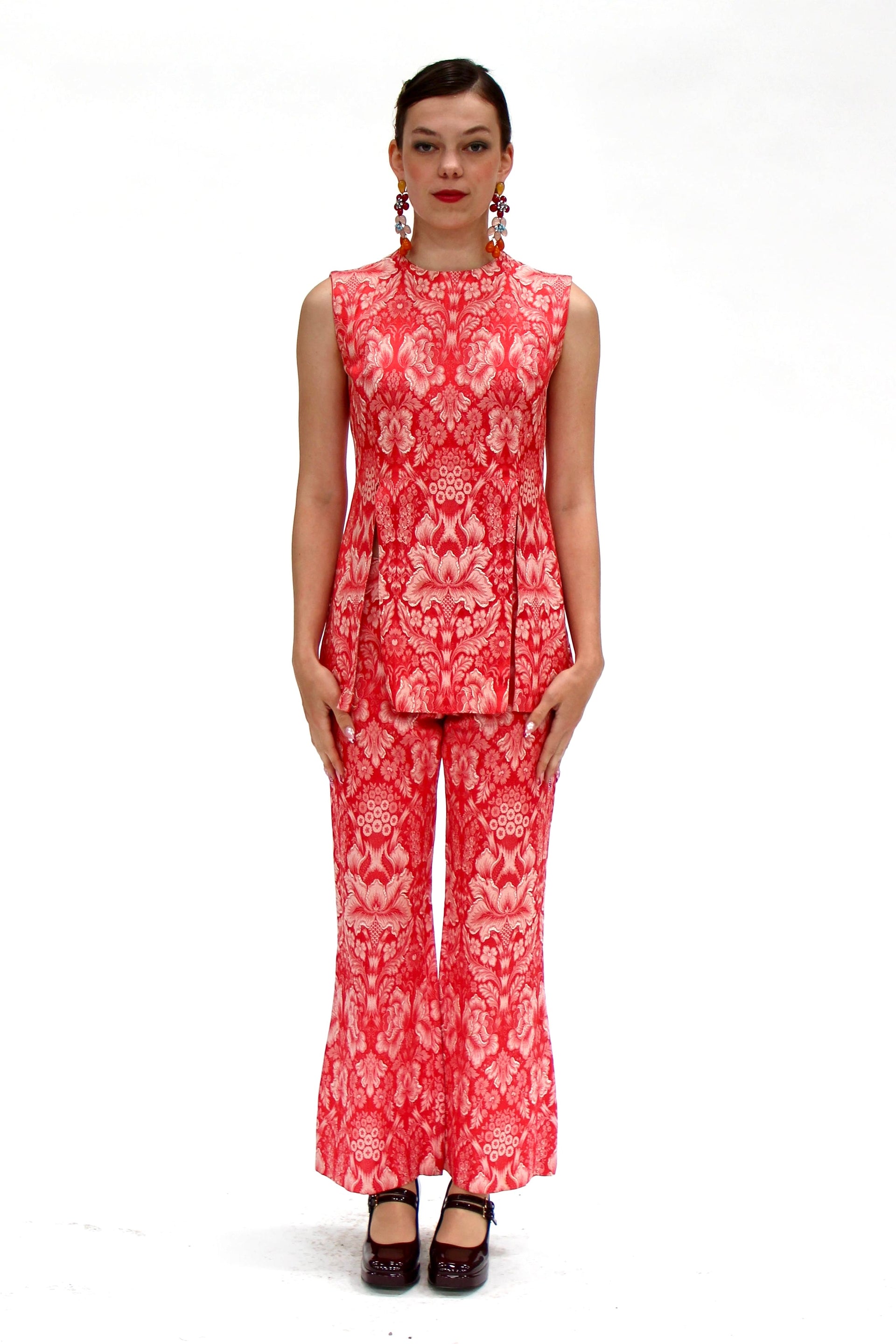 1950s Vintage Red and White Brocade Pantsuit // Size XS