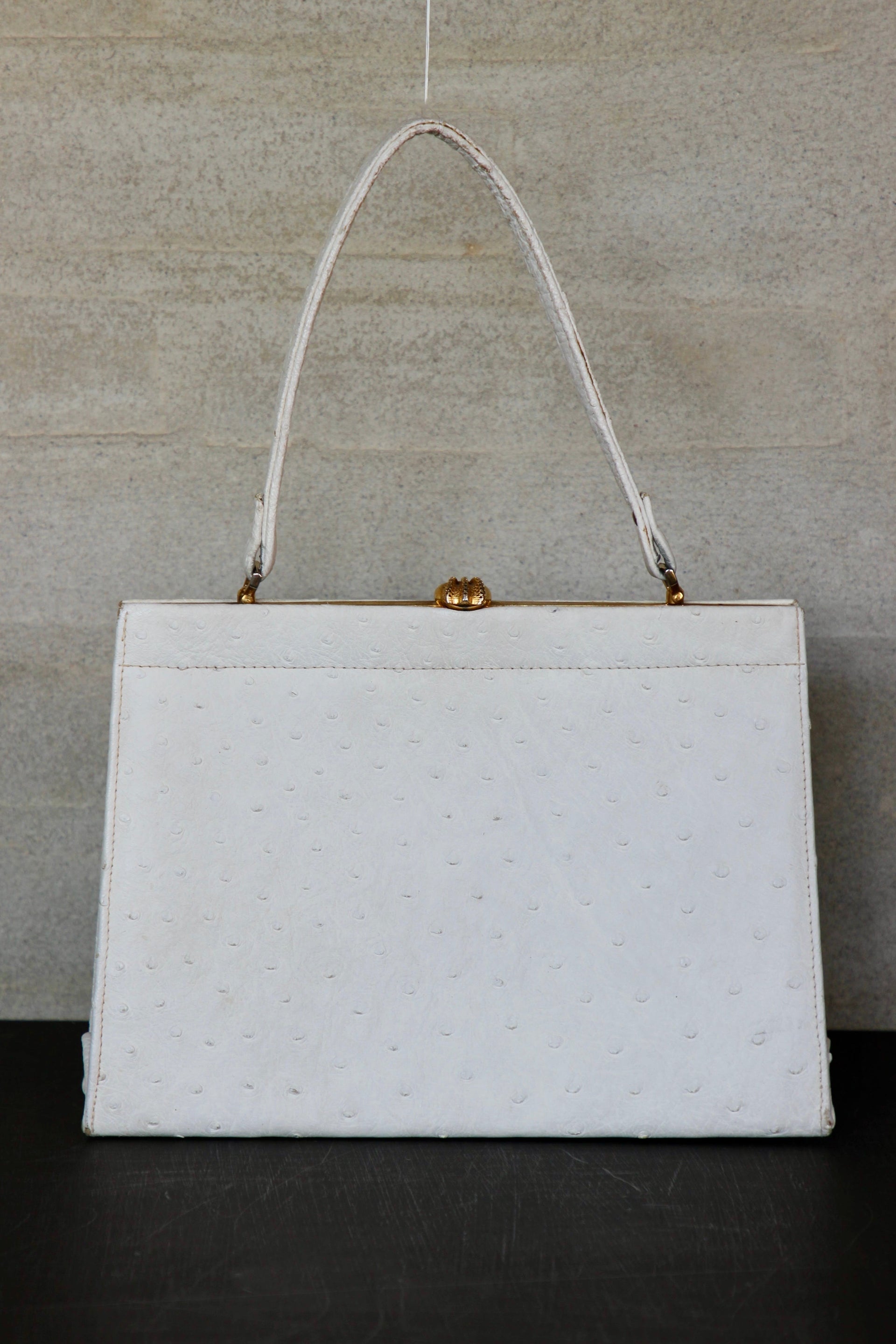 1960s Vintage White Ostrich Leather Top Handle Bag/Purse