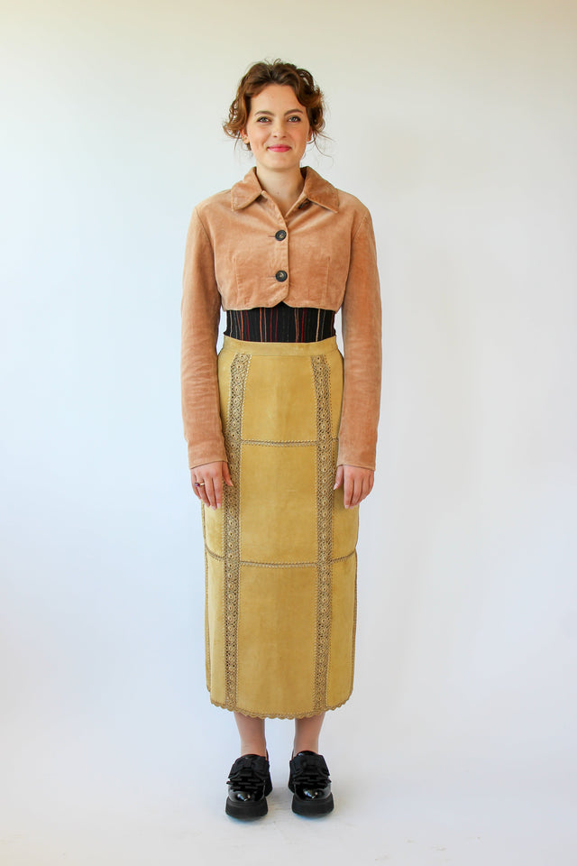 1960s 1970s Vintage Beige Suede/Leather High Waisted Skirt // Size S