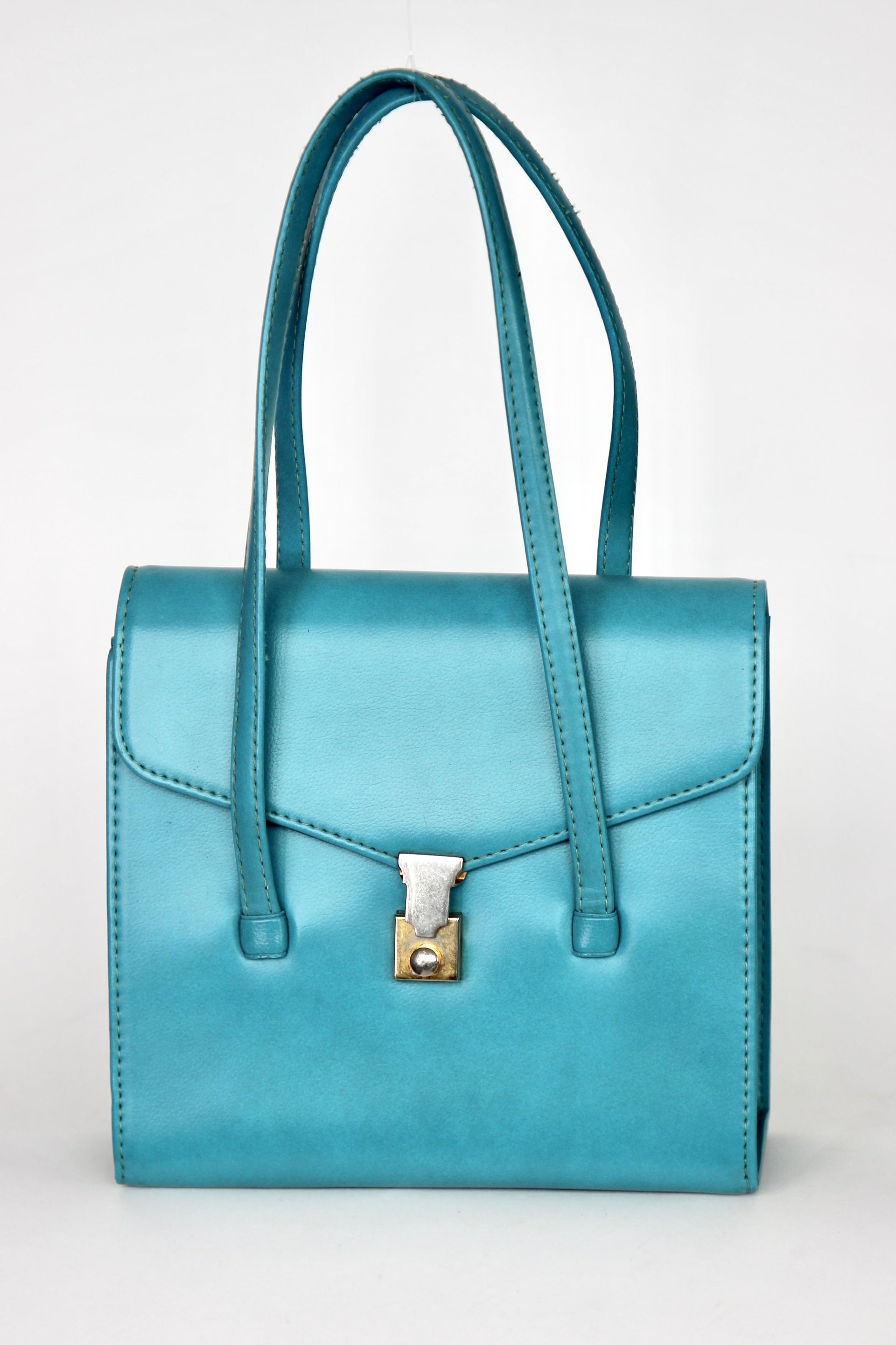 1970s Vintage Blue Vinyl Purse / Top Handle Bag