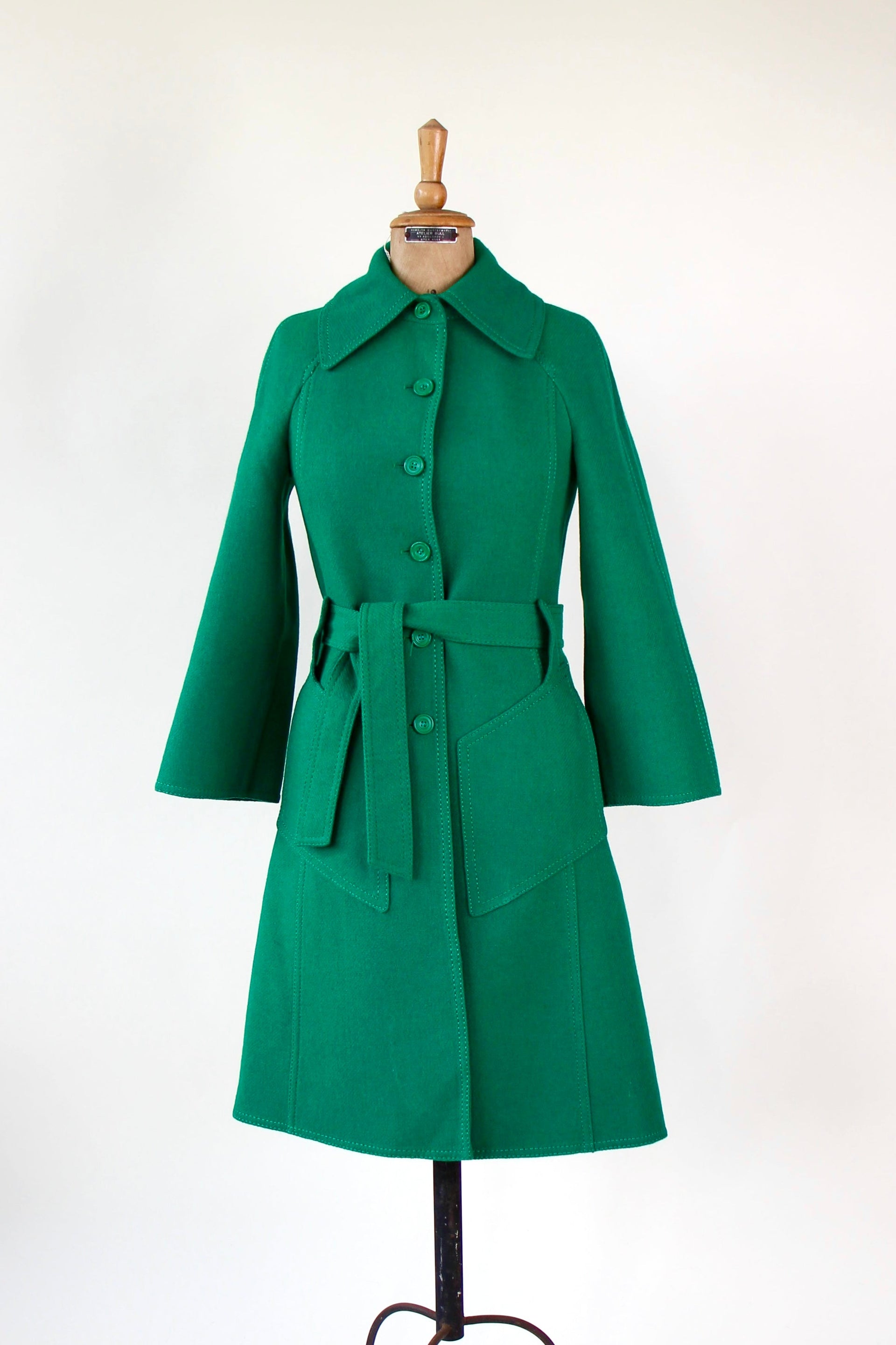 1970s Vintage Designer Green Wool Mod/Trench Coat // Size M