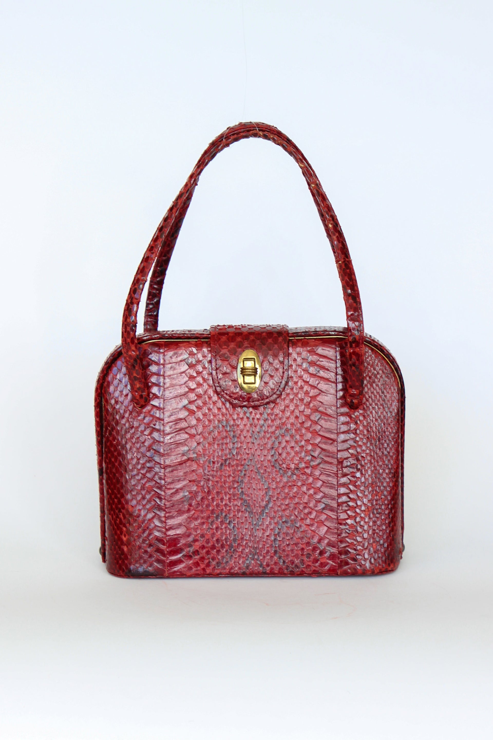 1940s Vintage Red Leather Top Handle Bag with Golden Closure
