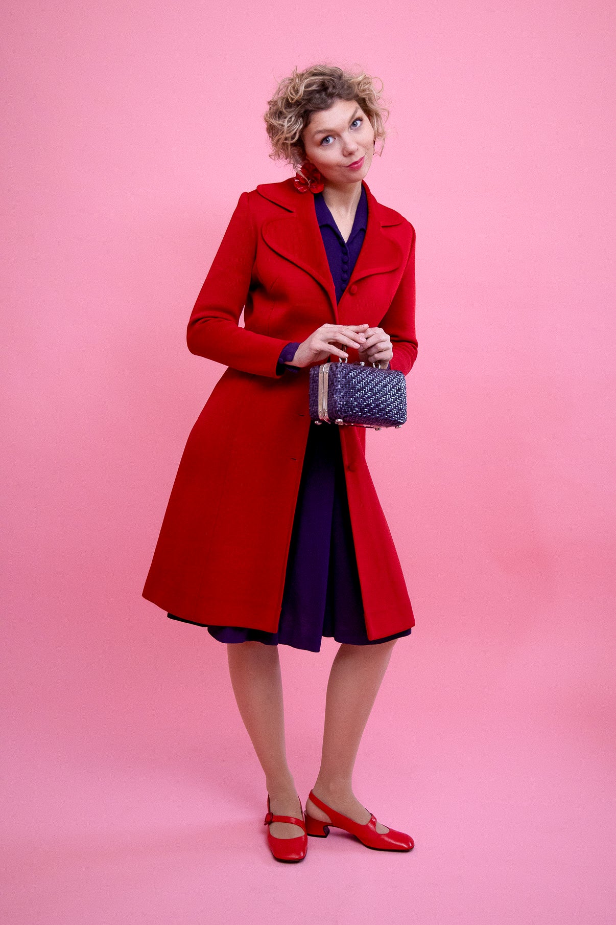 1960s 1970s Red Knit Wool Mod/Trench Coat // Size M