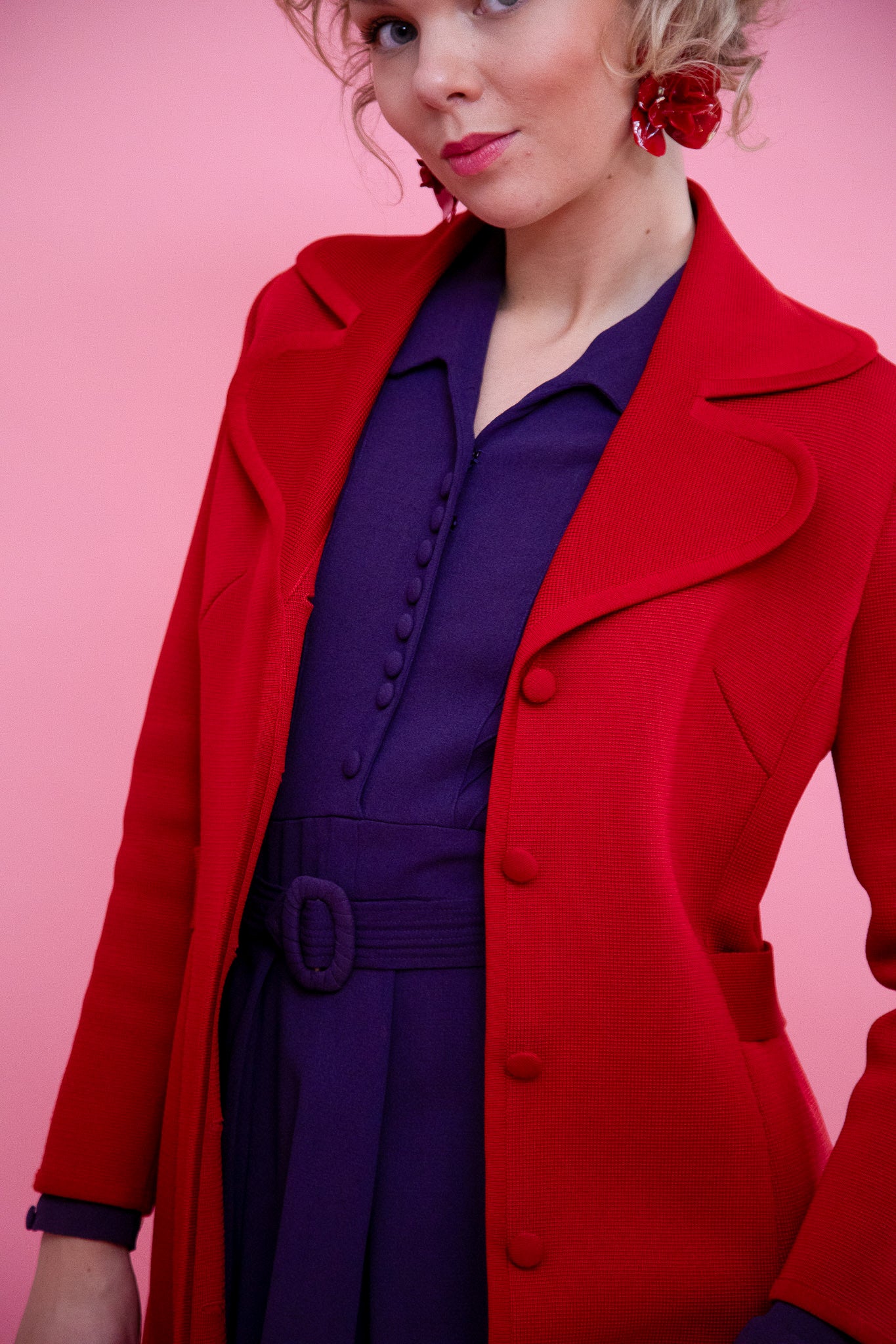 1960s 1970s Red Knit Wool Mod/Trench Coat // Size M