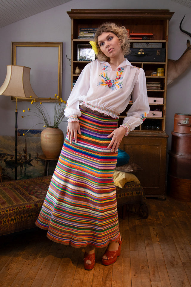 1960s 1970s Vintage Colorfull Handemade Crochet Maxi Skirt // Size S/M
