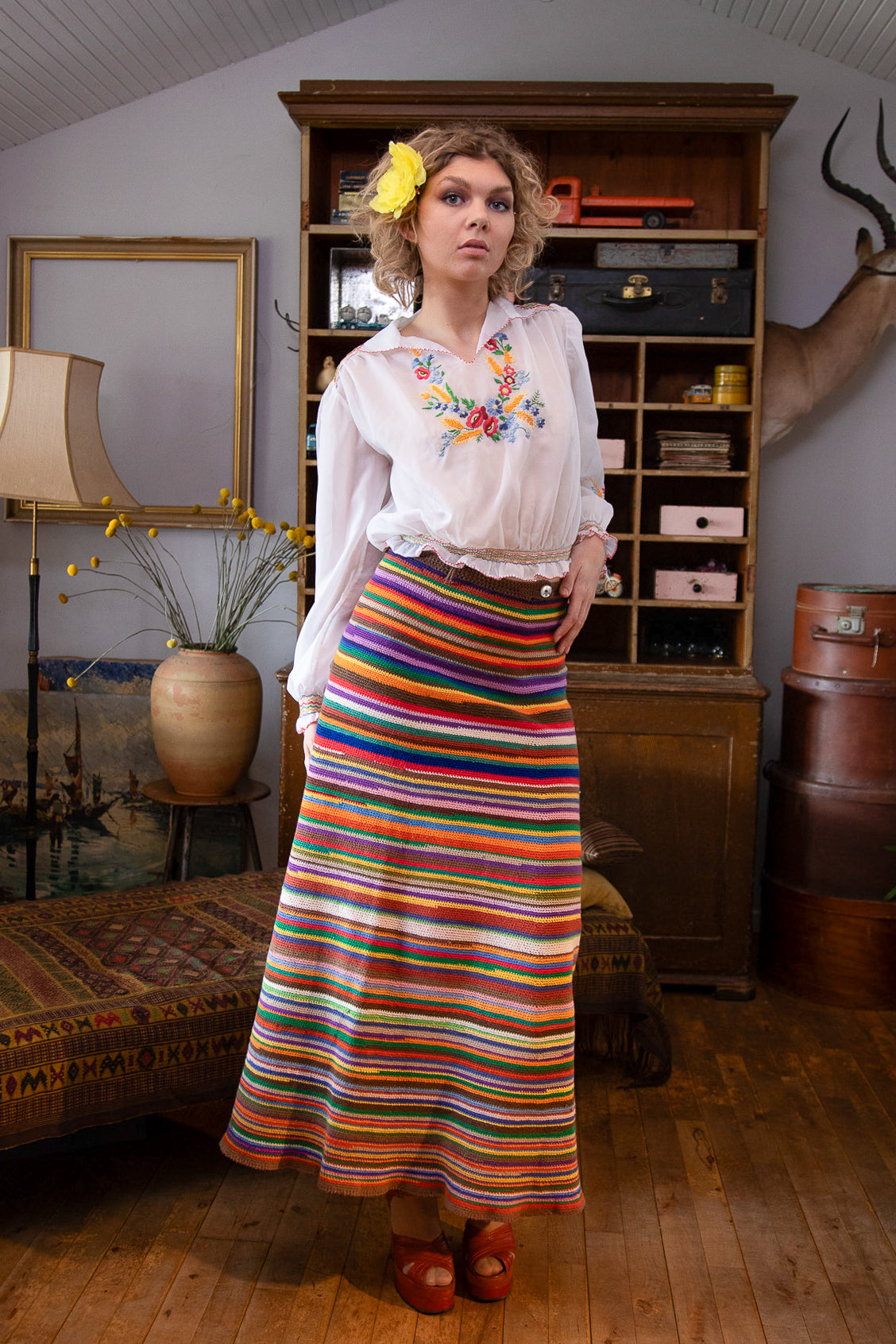 1960s 1970s Vintage Colorfull Handemade Crochet Maxi Skirt // Size S/M