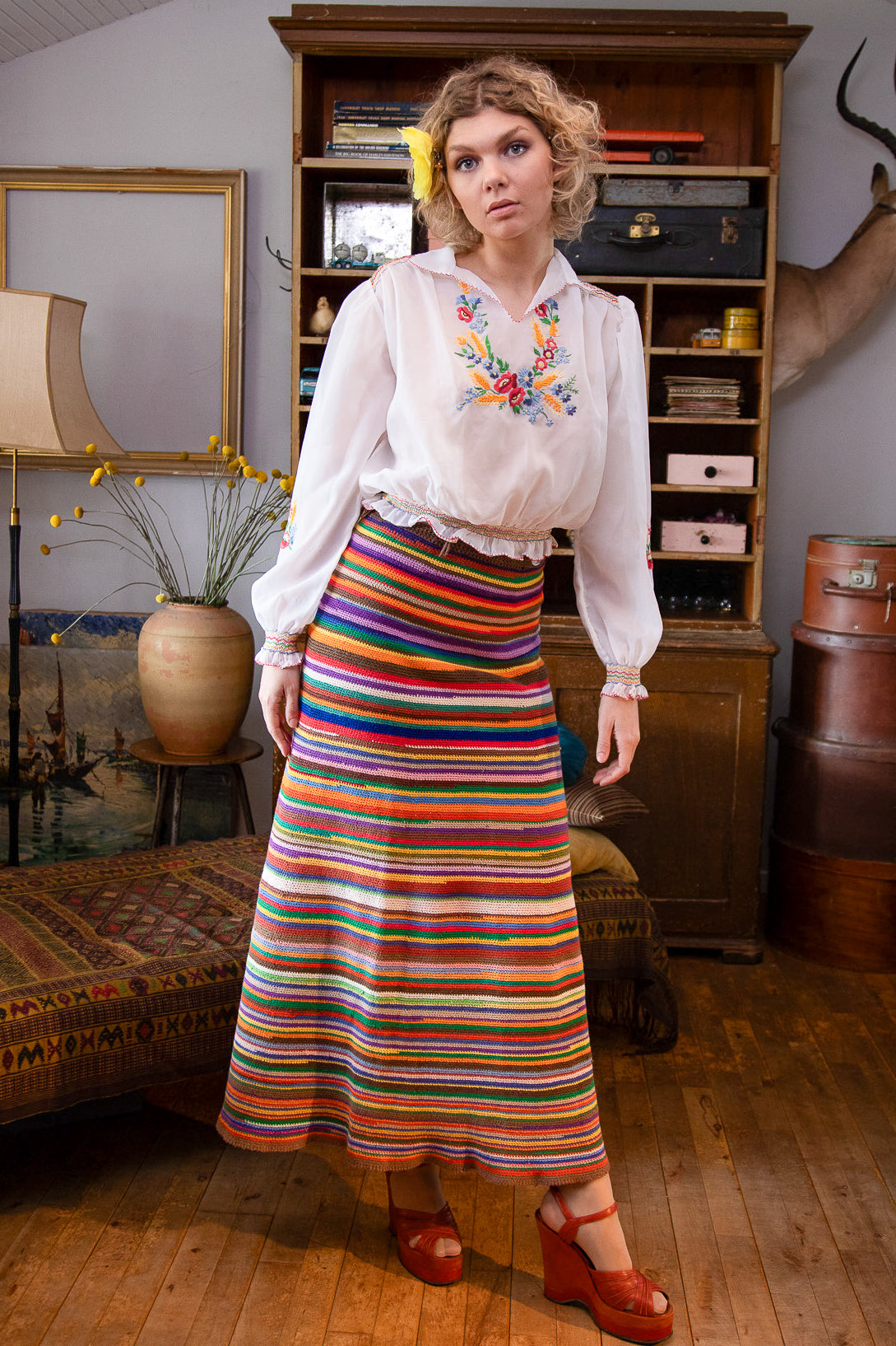 1960s 1970s Vintage Colorfull Handemade Crochet Maxi Skirt // Size S/M