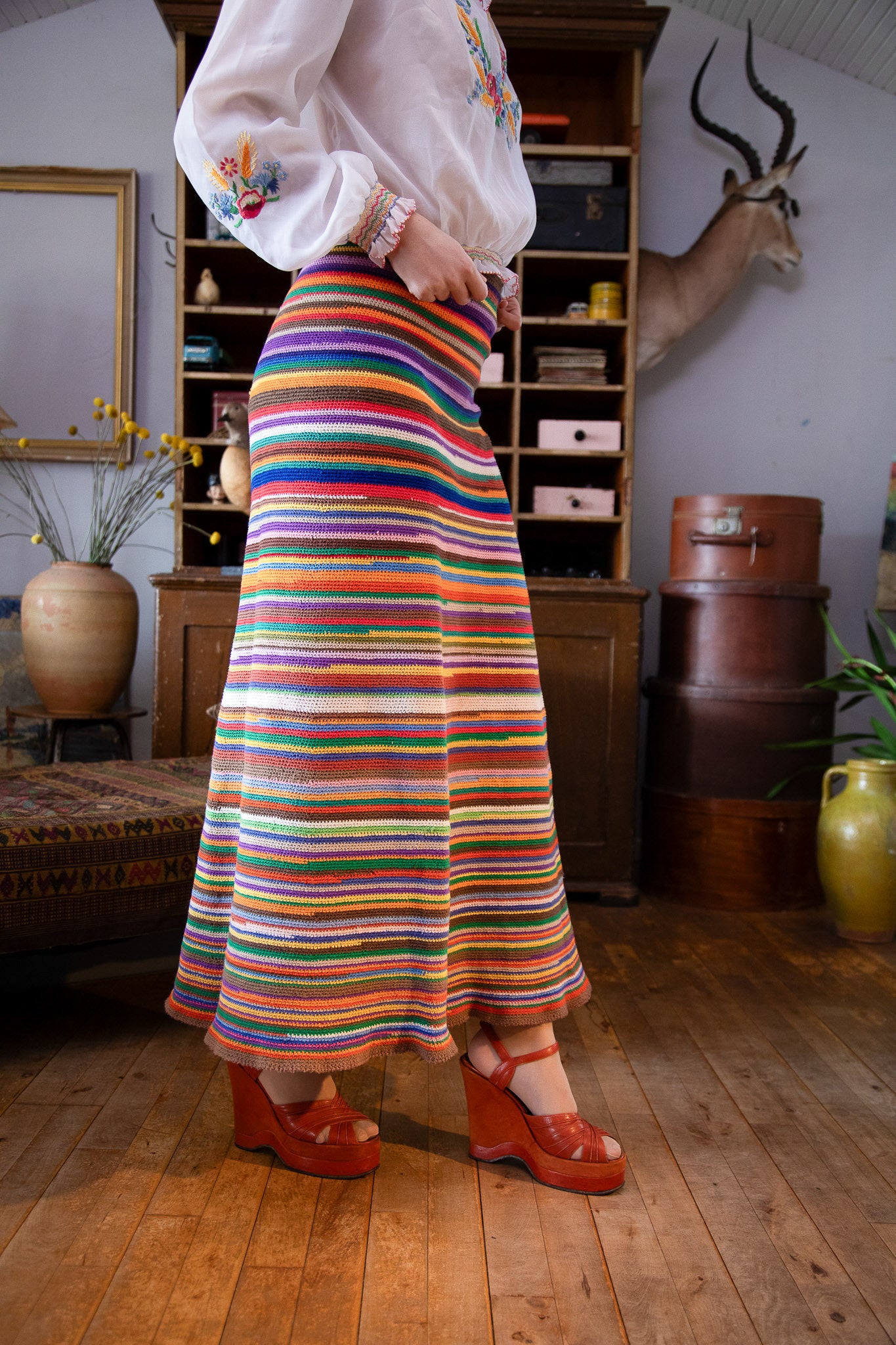 1960s 1970s Vintage Colorfull Handemade Crochet Maxi Skirt // Size S/M