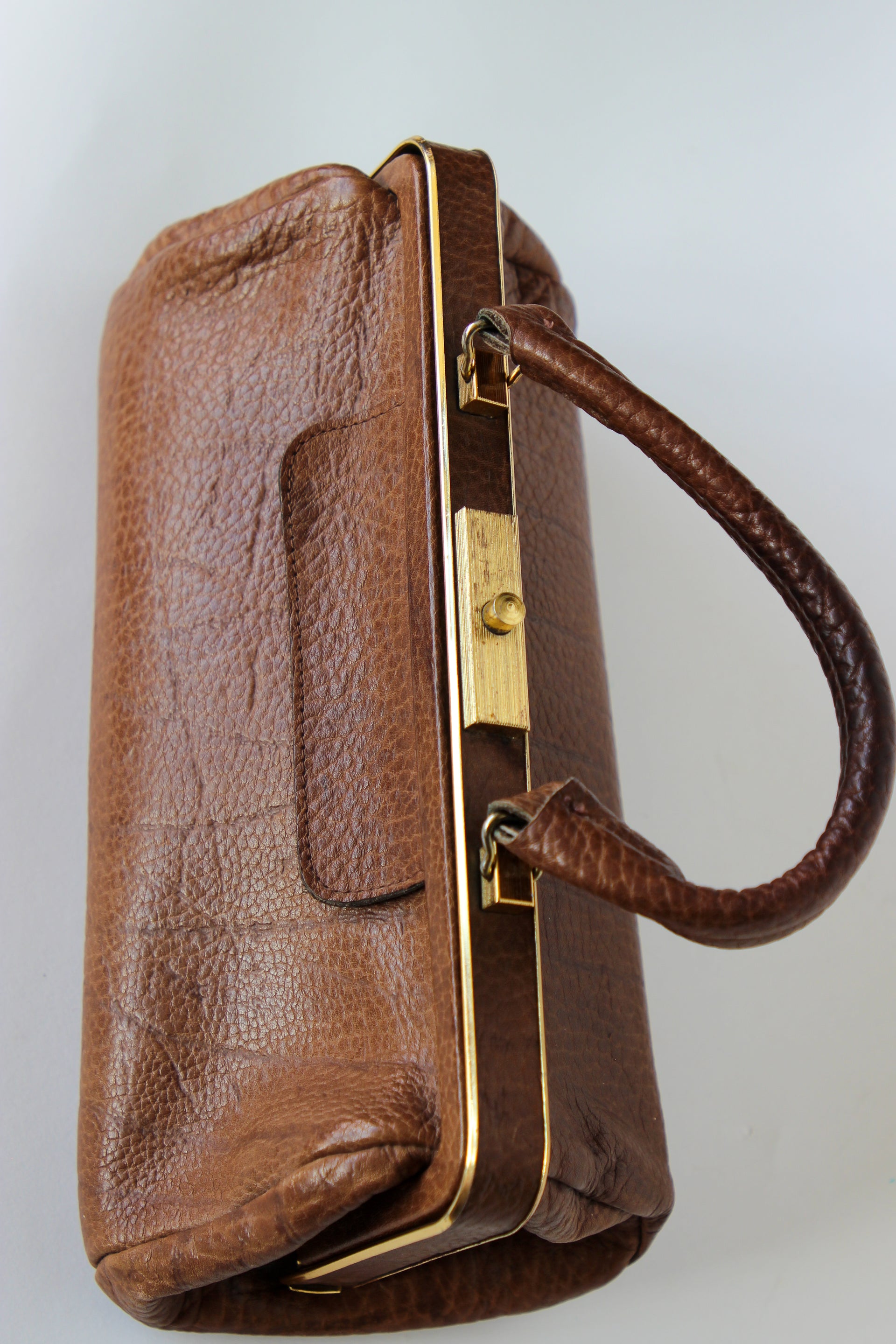 1960s Leather Top Handle Bag // Midwife Style Bag