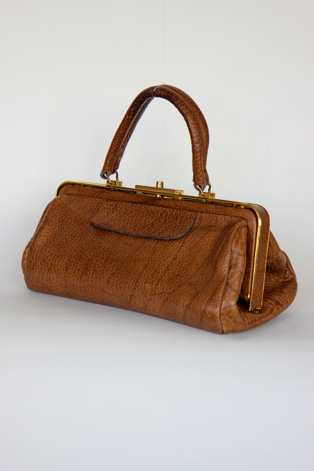 1960s Leather Top Handle Bag // Midwife Style Bag