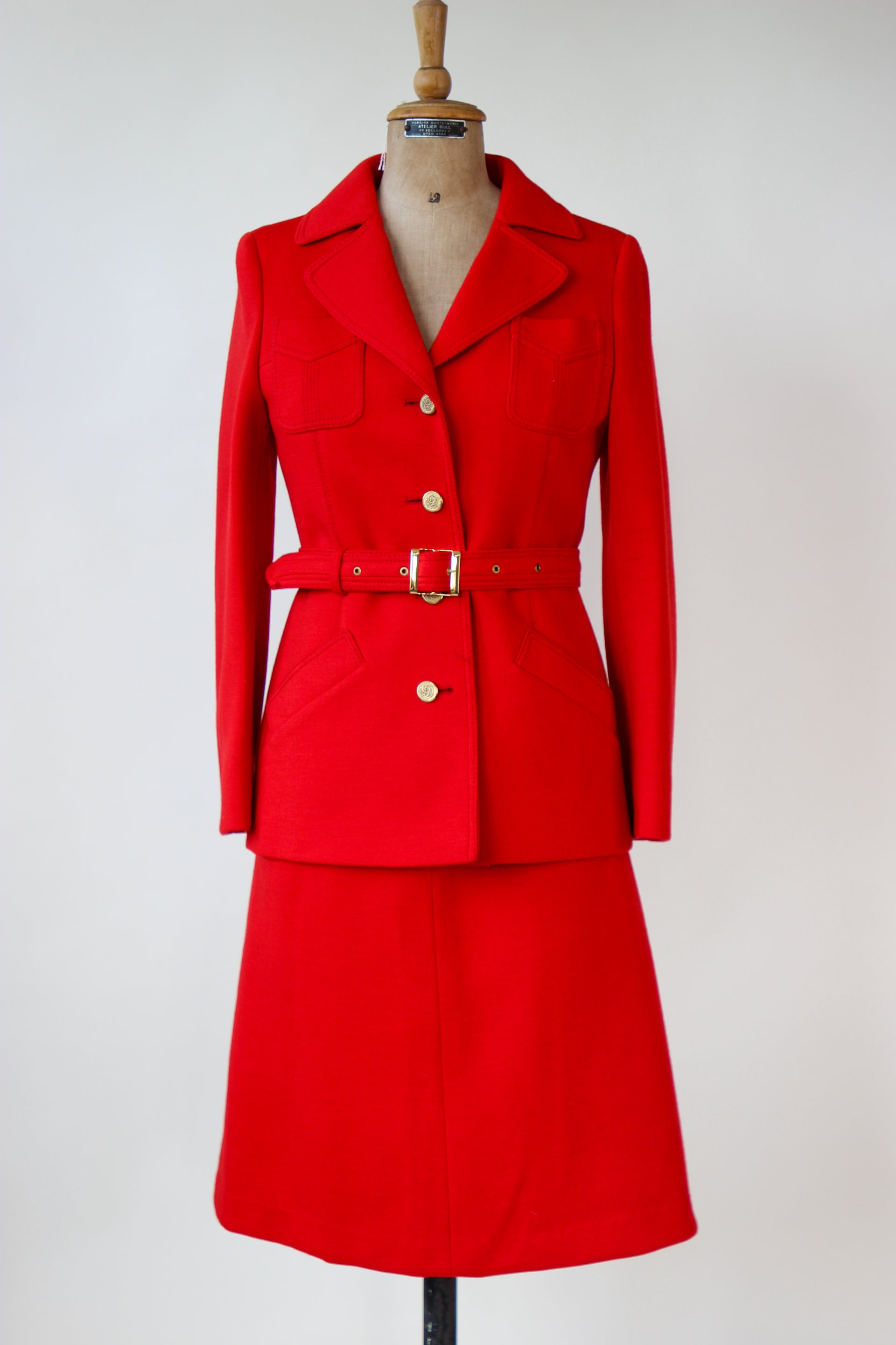 1960s 1970s Vintage Bright Red Wool Skirt Suit // Size S