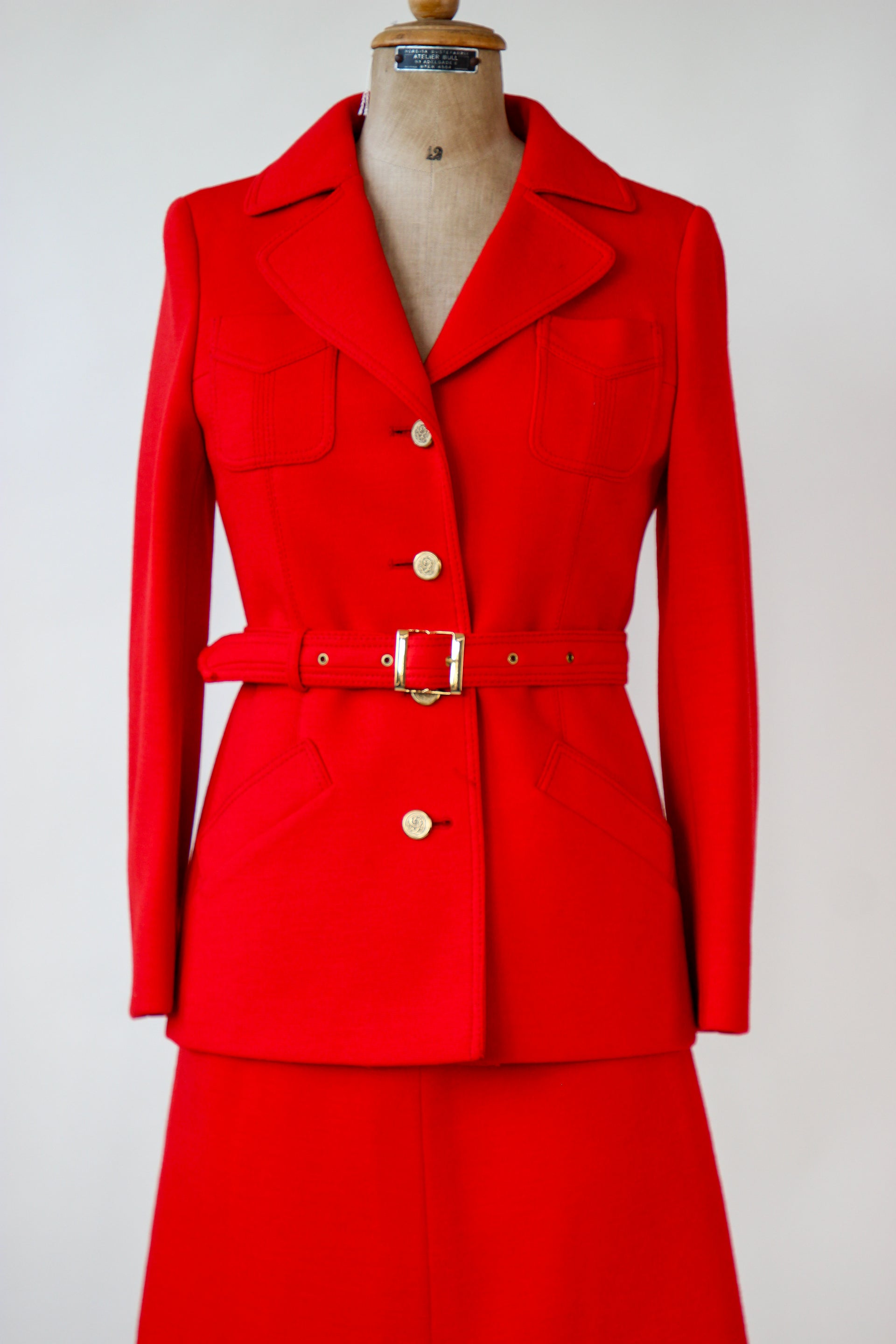 1960s 1970s Vintage Bright Red Wool Skirt Suit // Size S