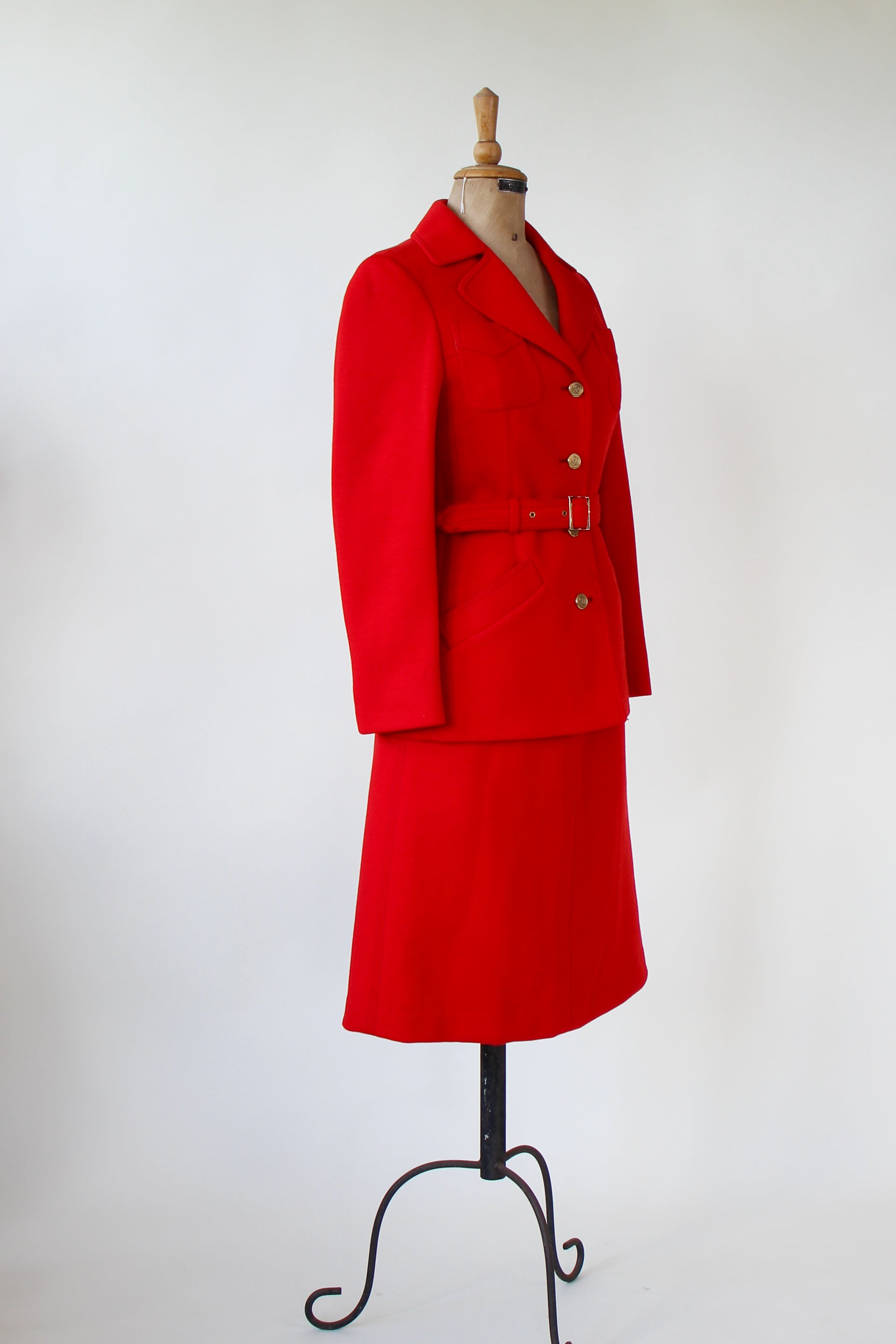 1960s 1970s Vintage Bright Red Wool Skirt Suit // Size S