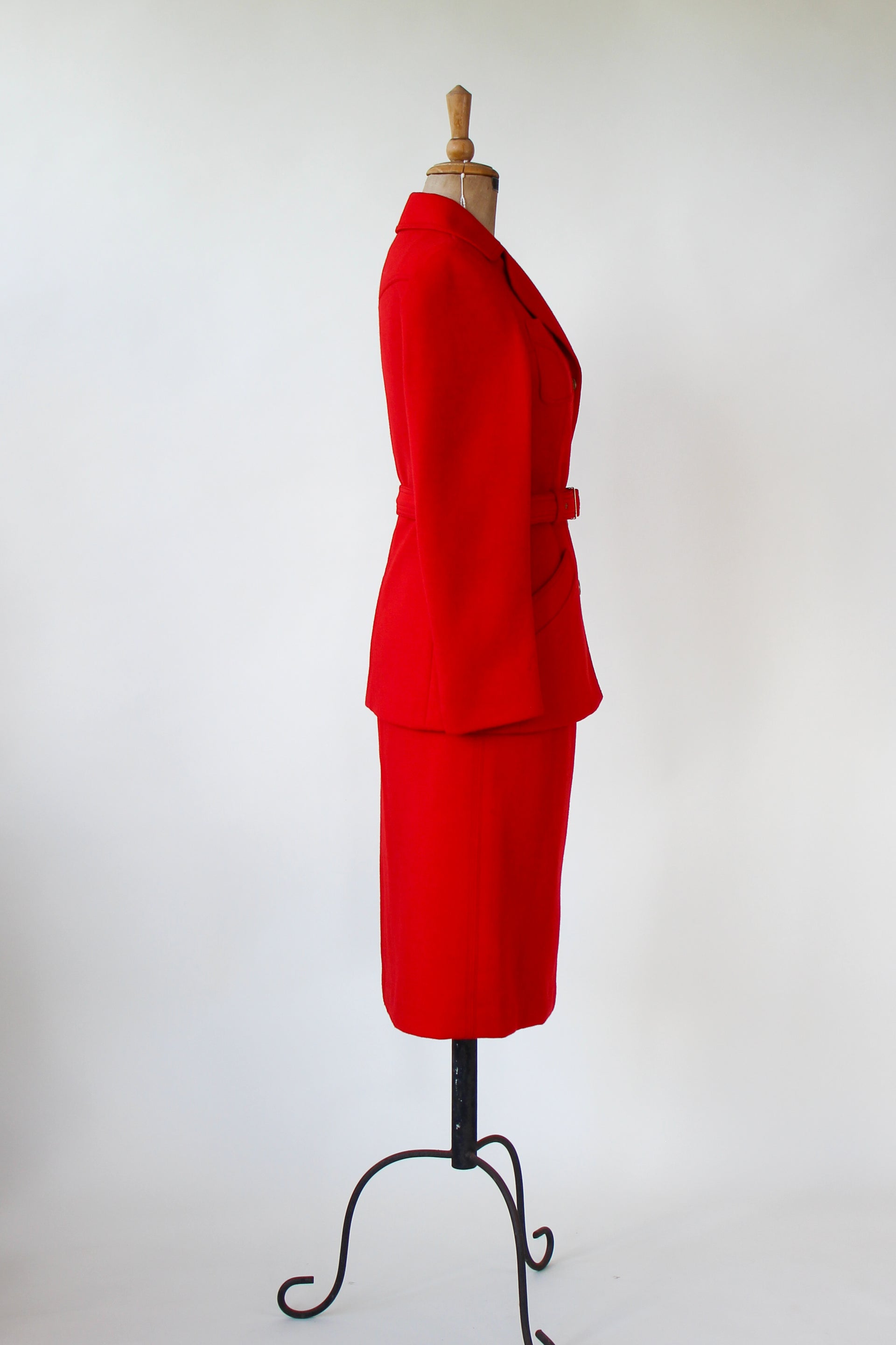 1960s 1970s Vintage Bright Red Wool Skirt Suit // Size S