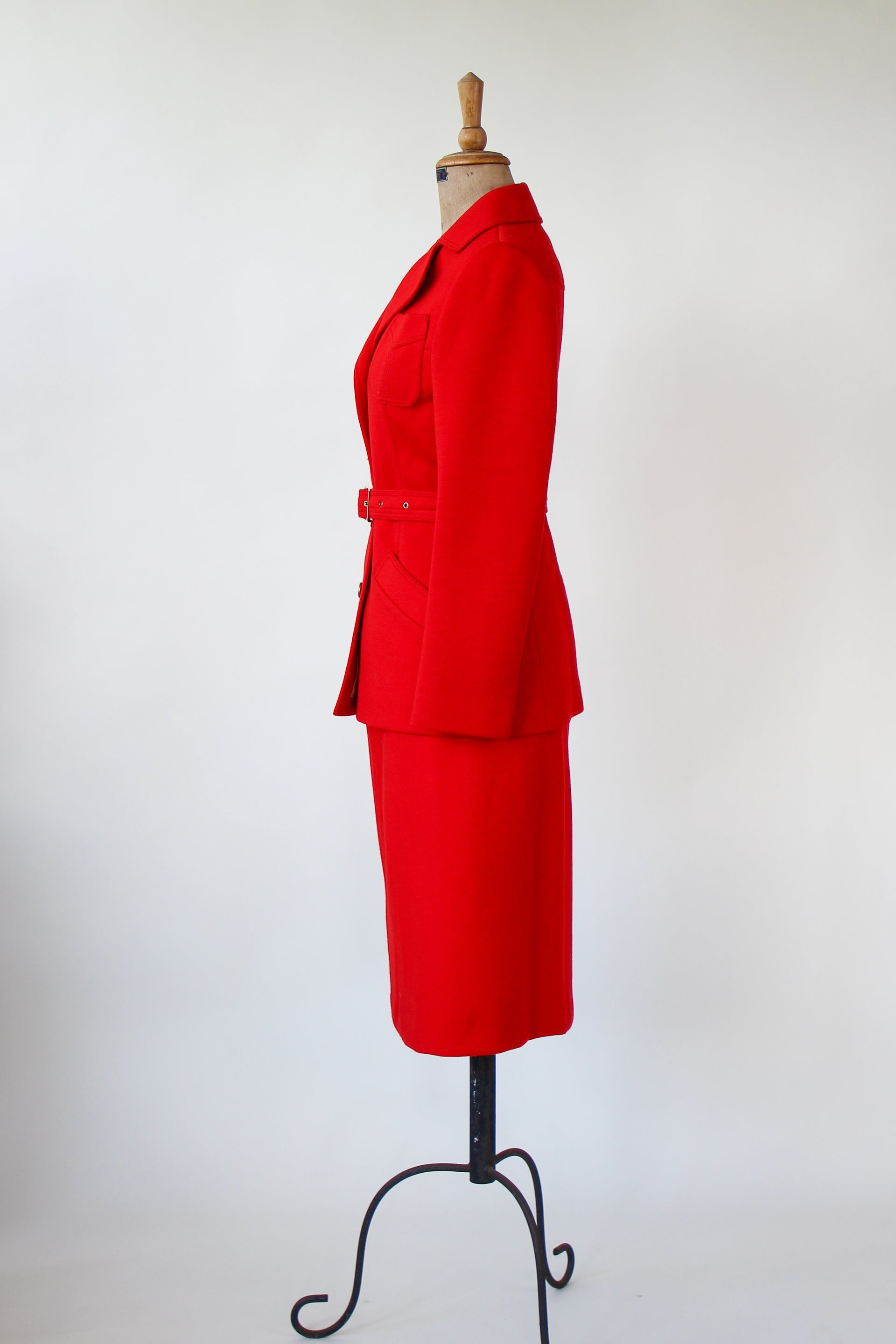 1960s 1970s Vintage Bright Red Wool Skirt Suit // Size S