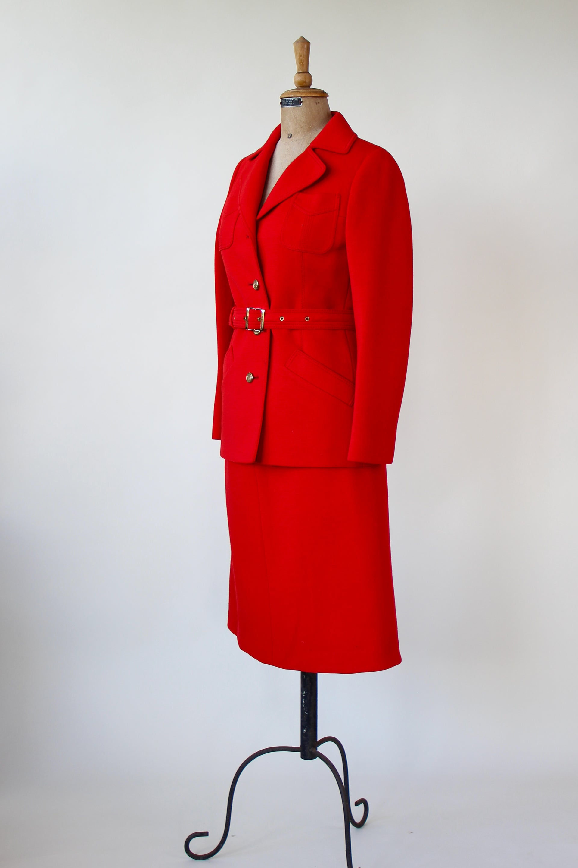1960s 1970s Vintage Bright Red Wool Skirt Suit // Size S