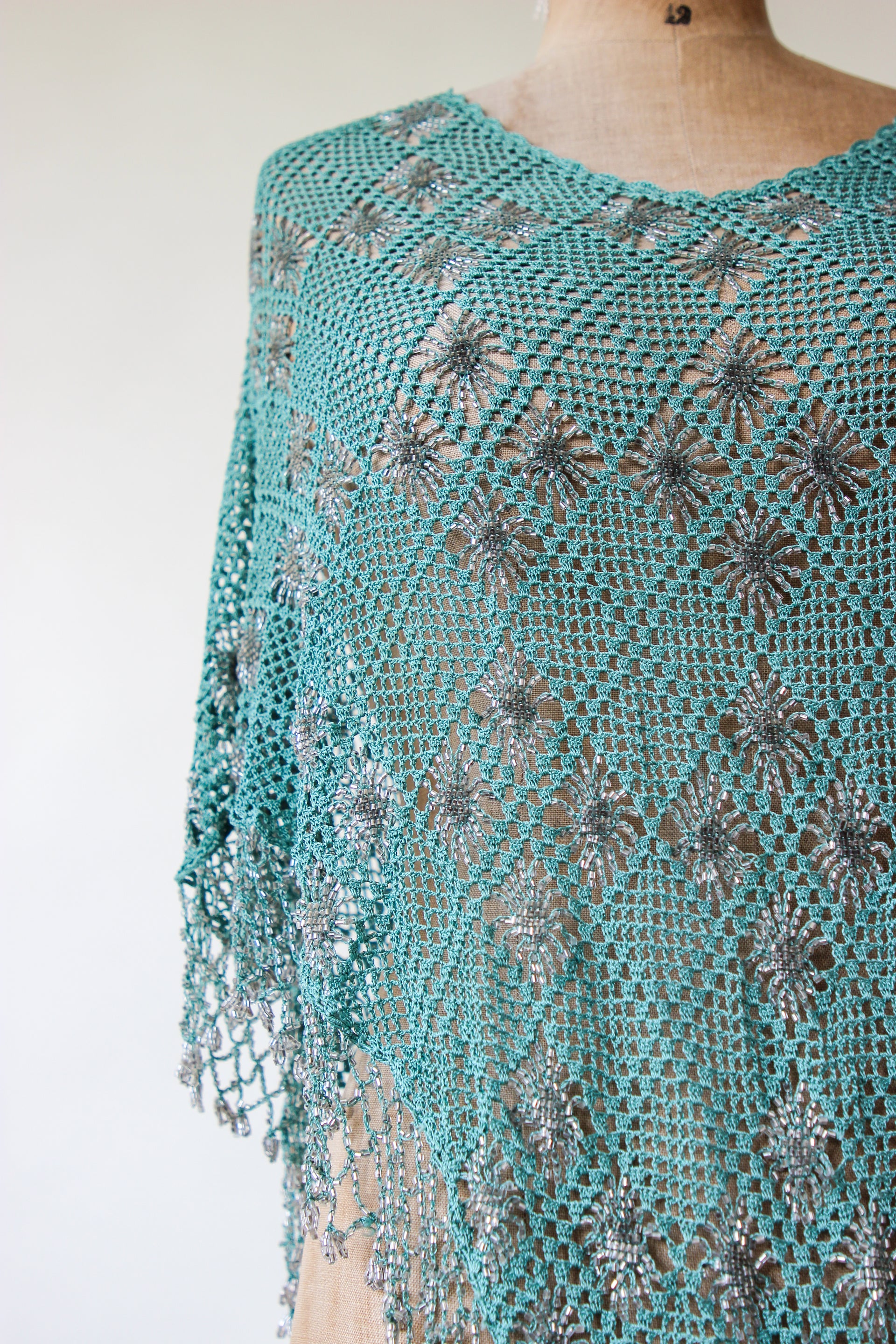 Vintage Turquoise Beaded Crochet Poncho