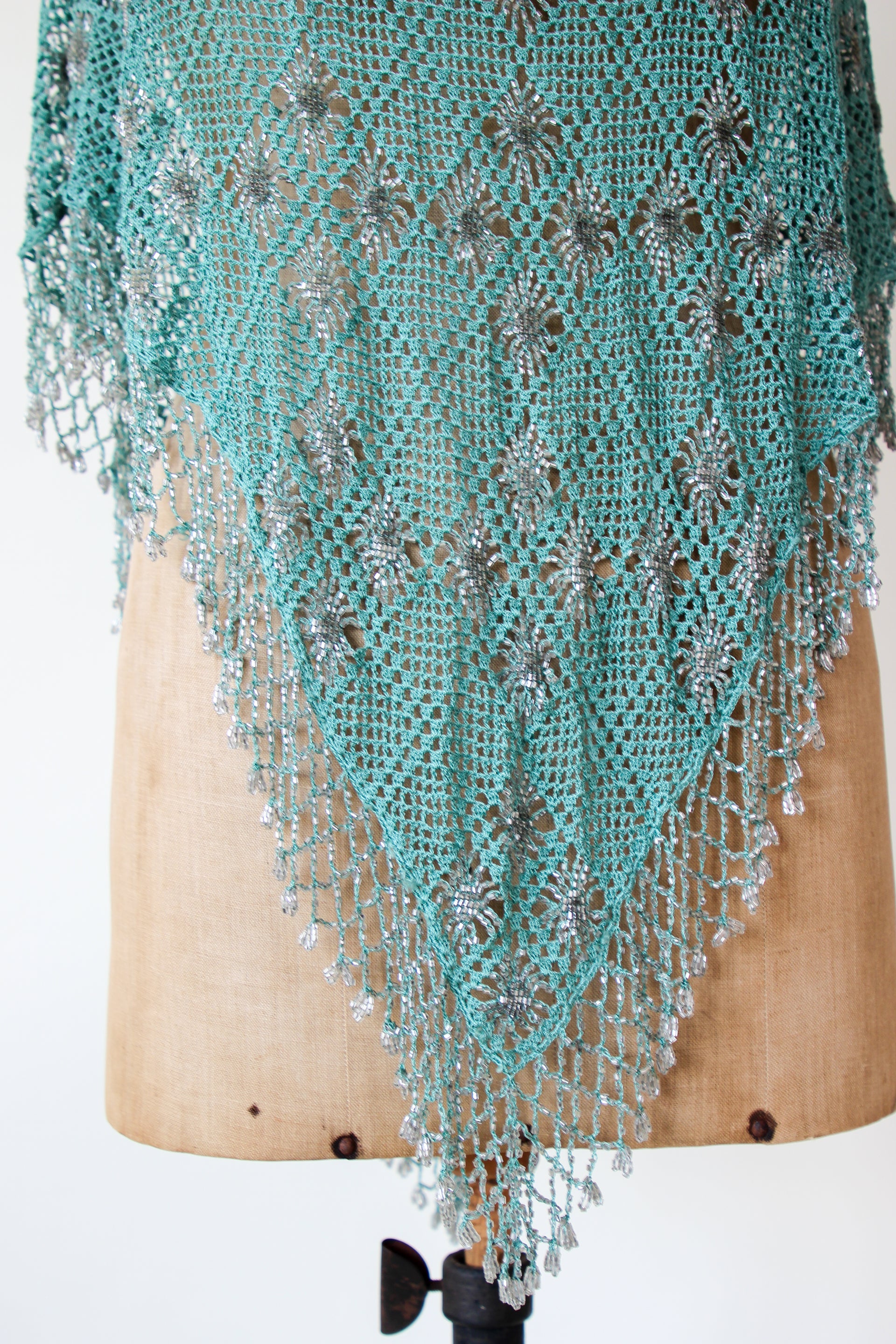 Vintage Turquoise Beaded Crochet Poncho