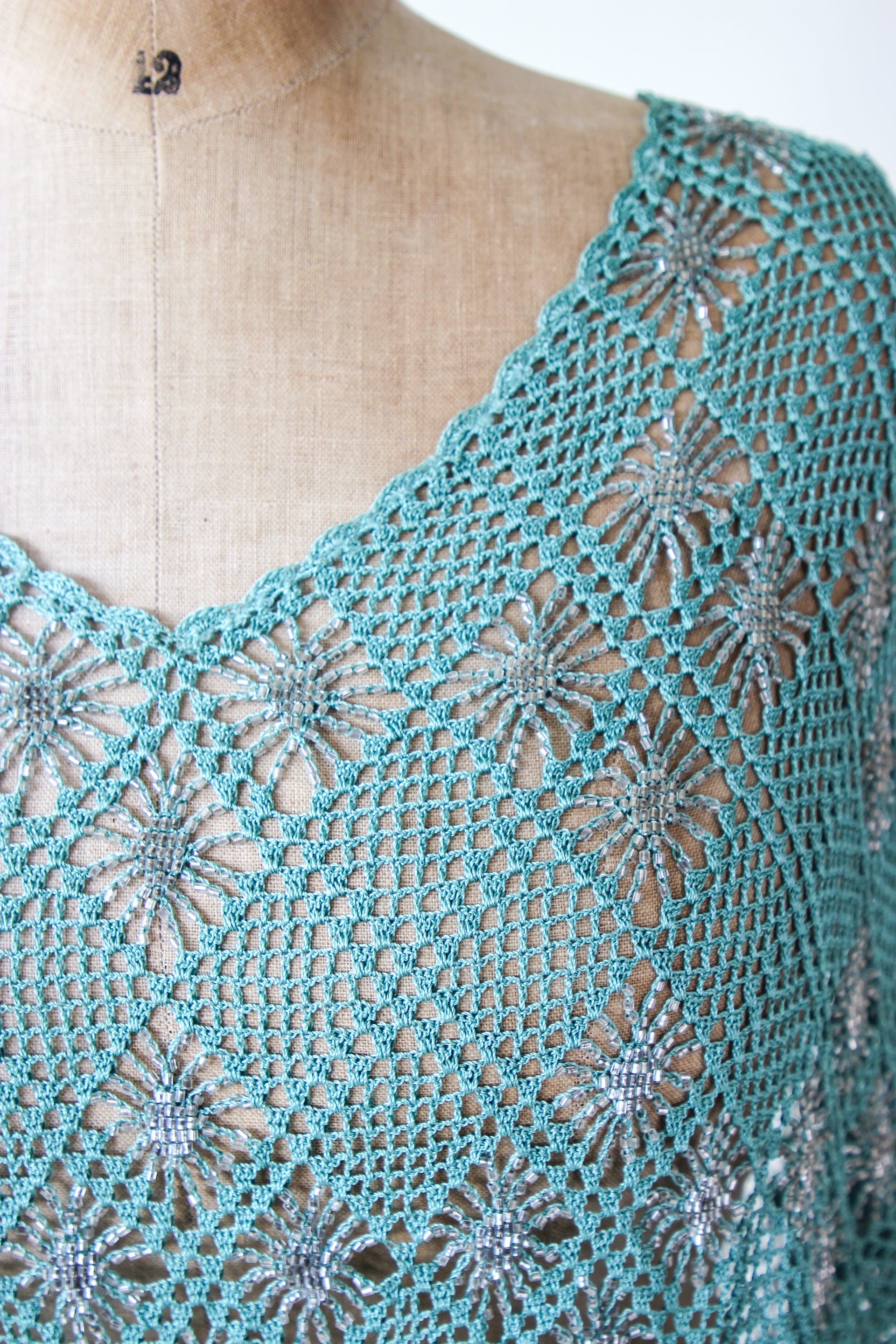 Vintage Turquoise Beaded Crochet Poncho