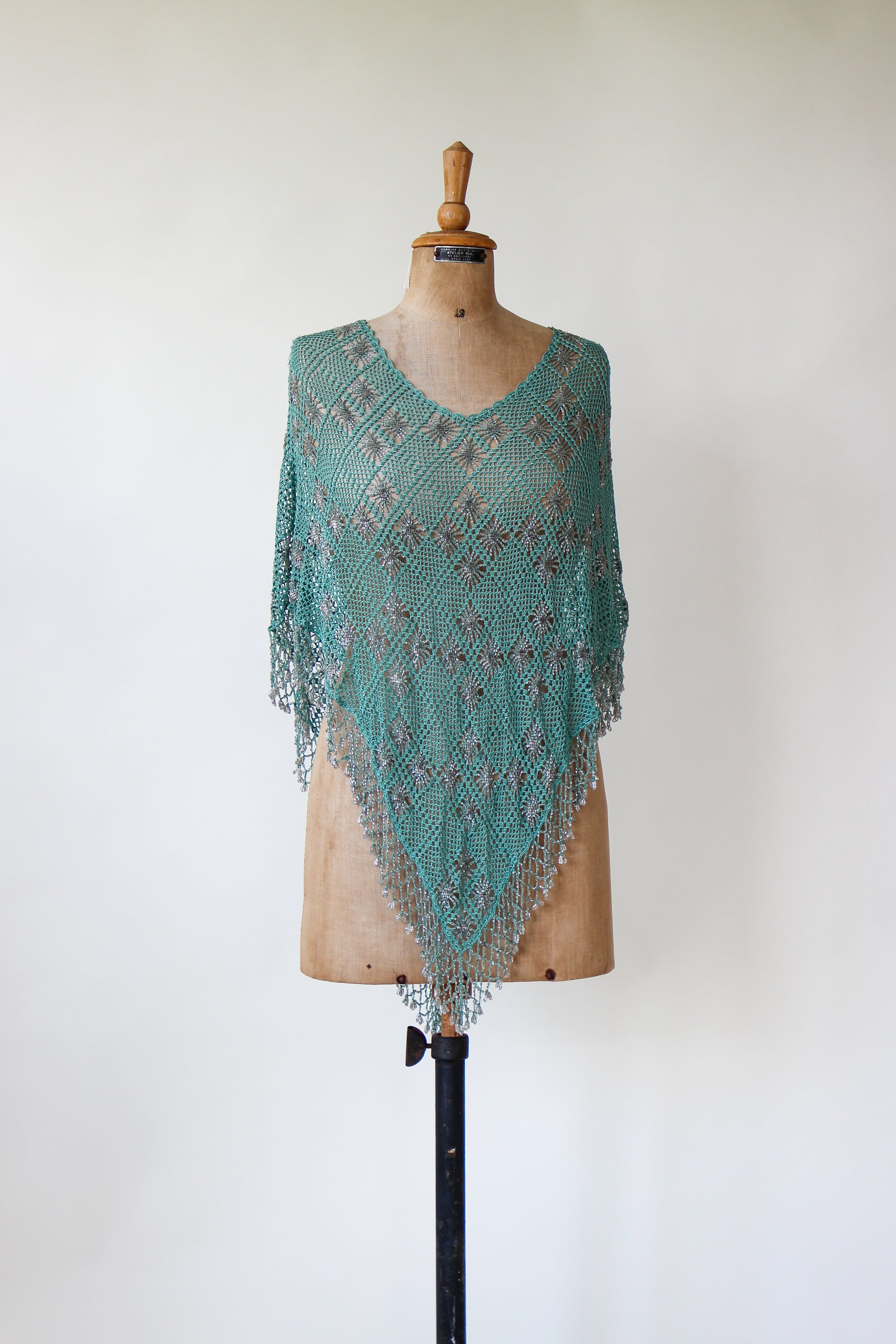 Vintage Turquoise Beaded Crochet Poncho