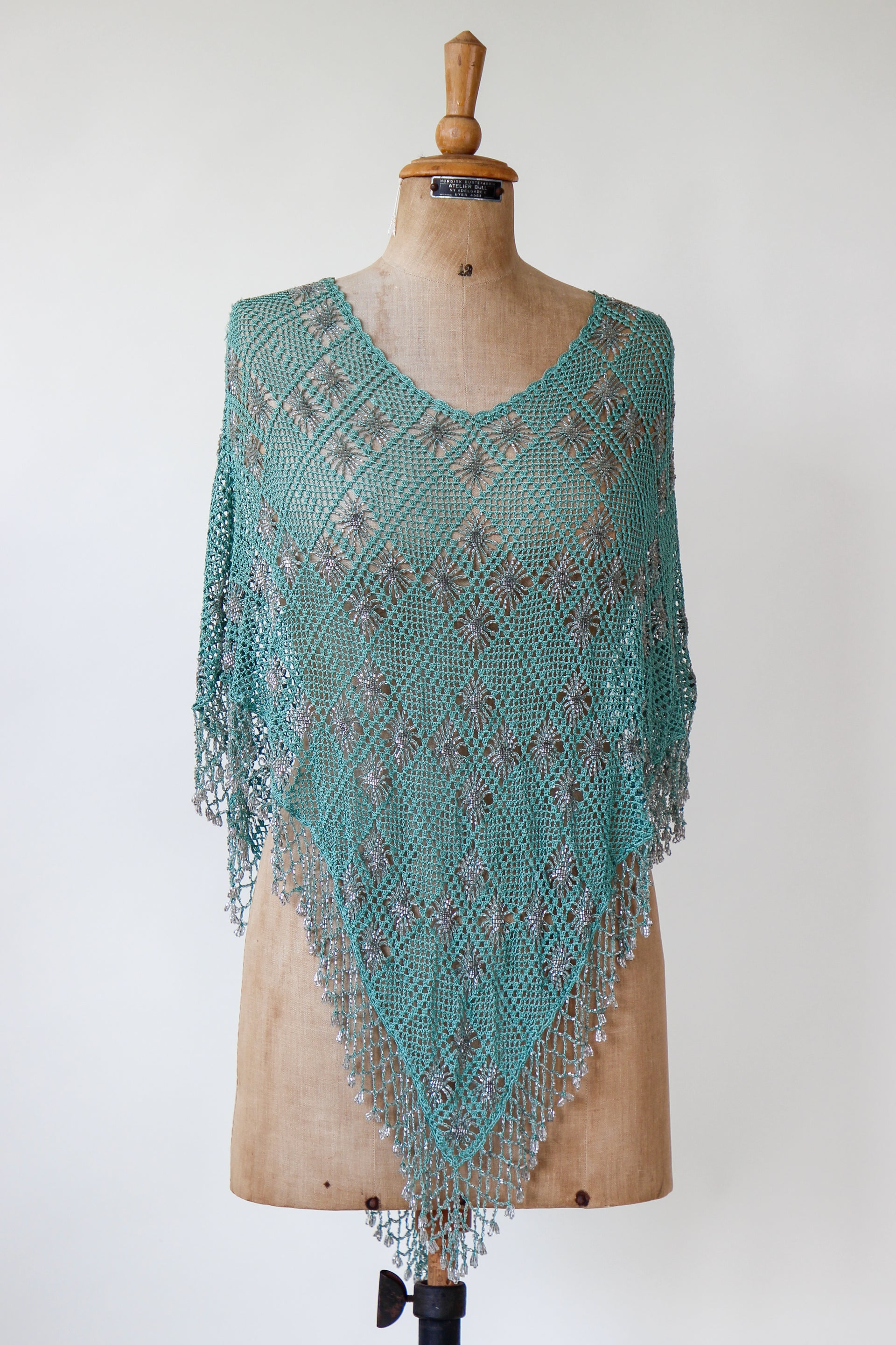 Vintage Turquoise Beaded Crochet Poncho