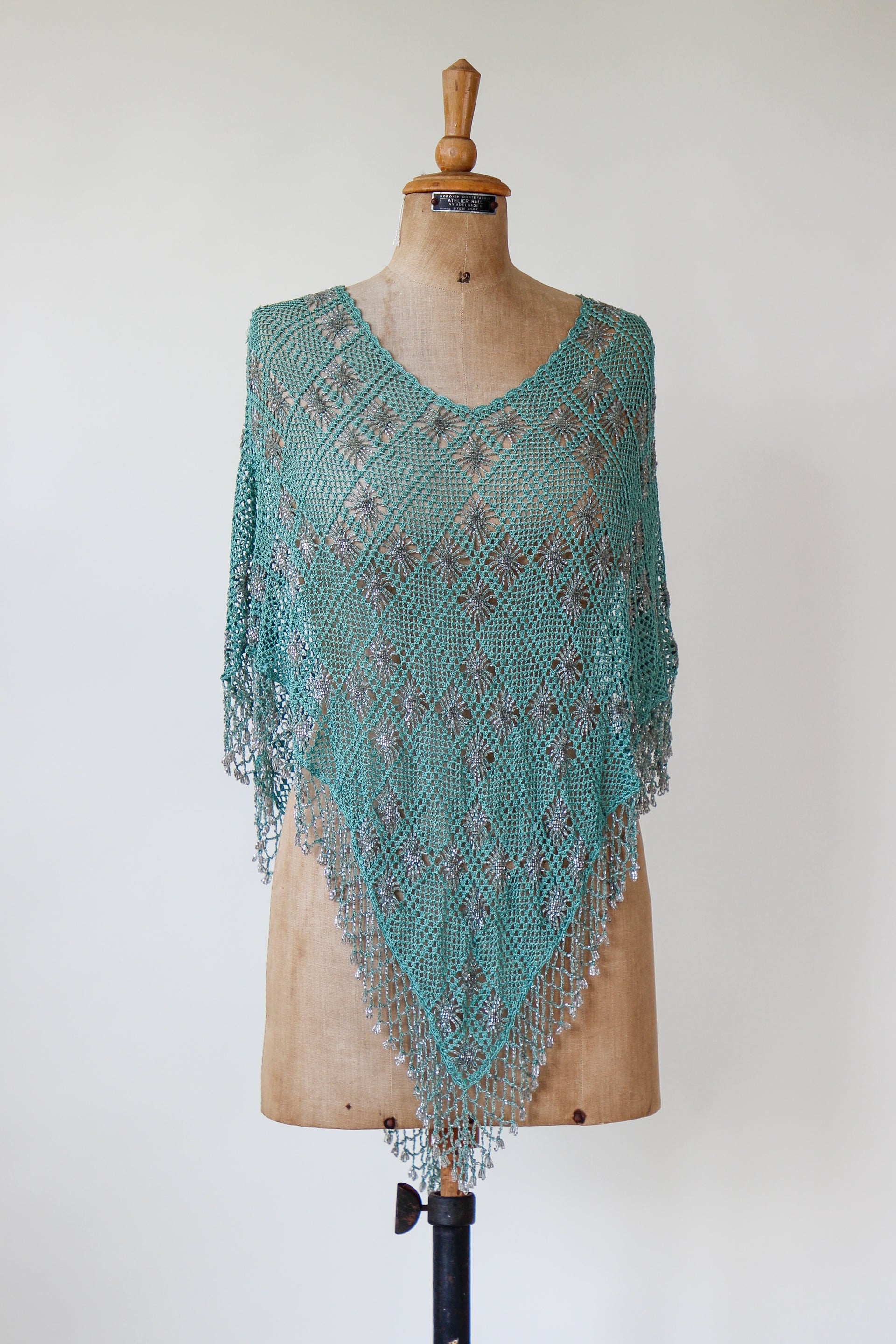 Vintage Turquoise Beaded Crochet Poncho