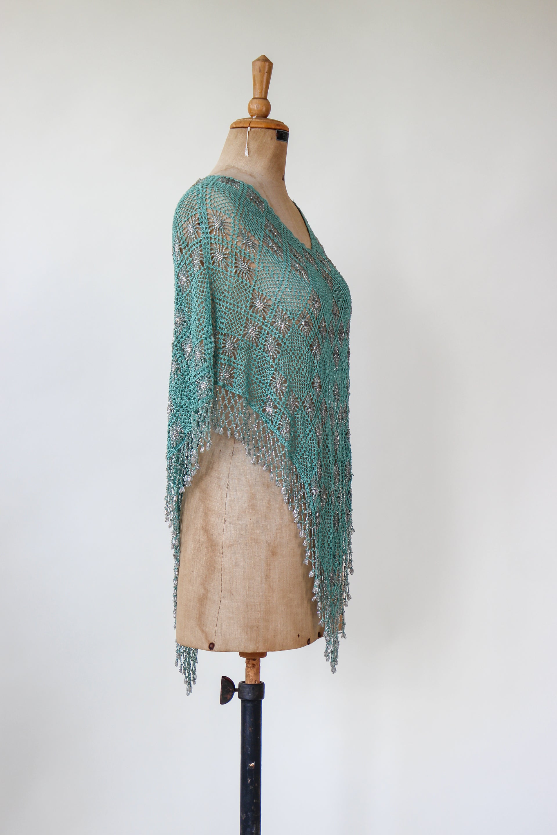 Vintage Turquoise Beaded Crochet Poncho