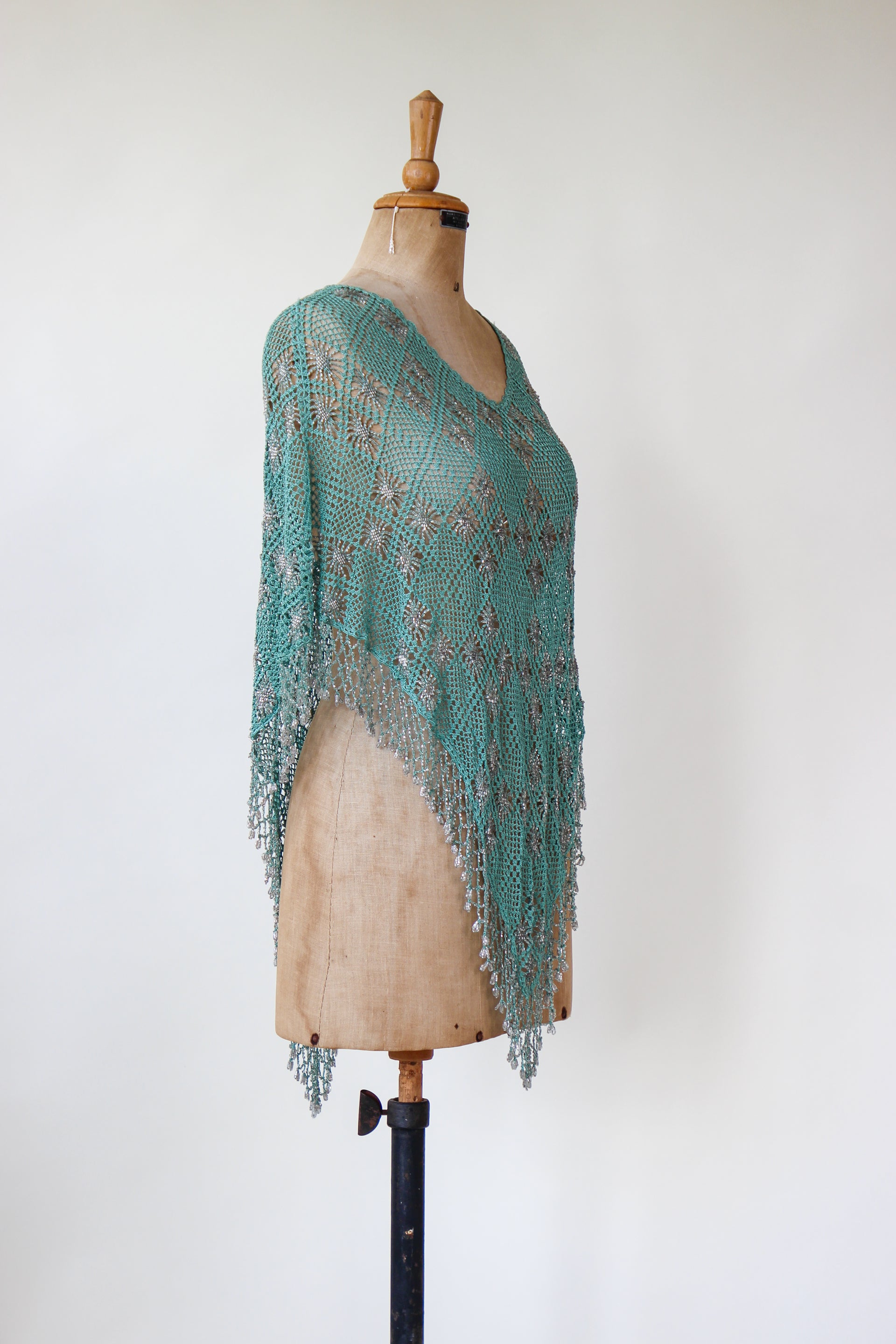 Vintage Turquoise Beaded Crochet Poncho