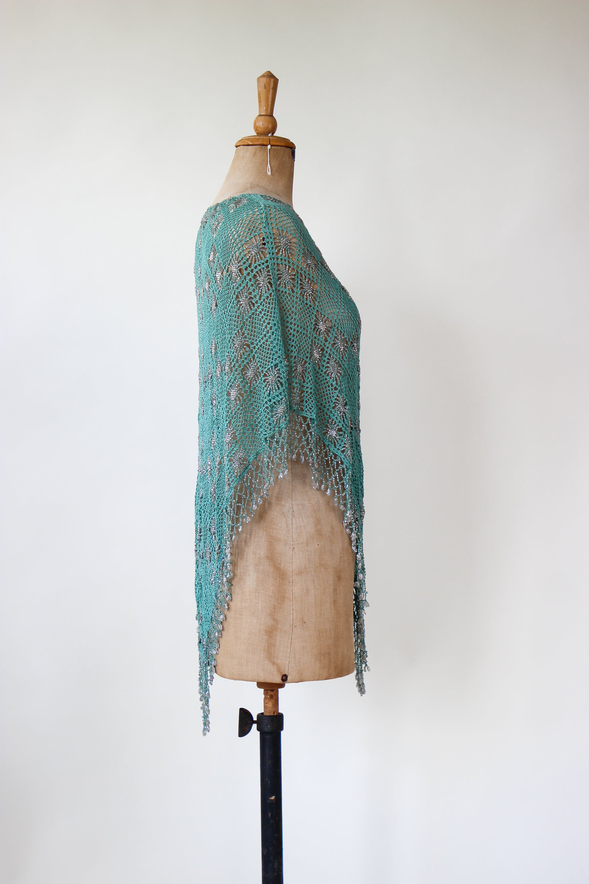 Vintage Turquoise Beaded Crochet Poncho